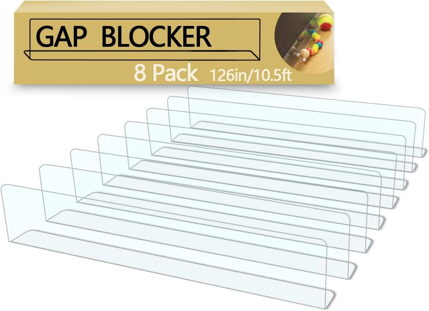 Packaging box for a set of 8 clear acrylic gap blockers, 126 inches or 10.5 feet long, with an image of colorful beads on a wooden surface.