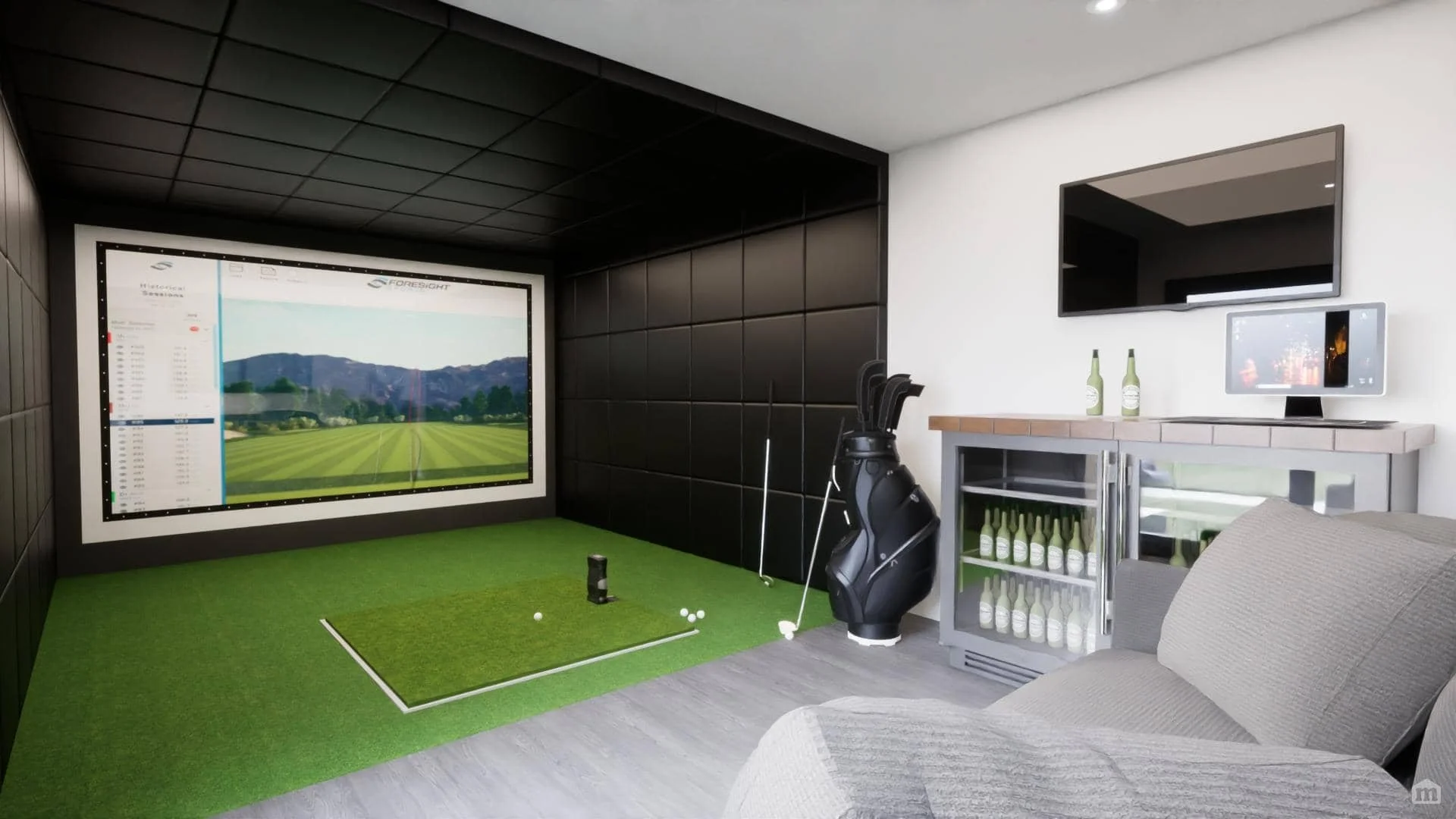 Indoor golf simulation room with a large screen displaying a golf course, a golf mat with balls, and golf clubs in a bag