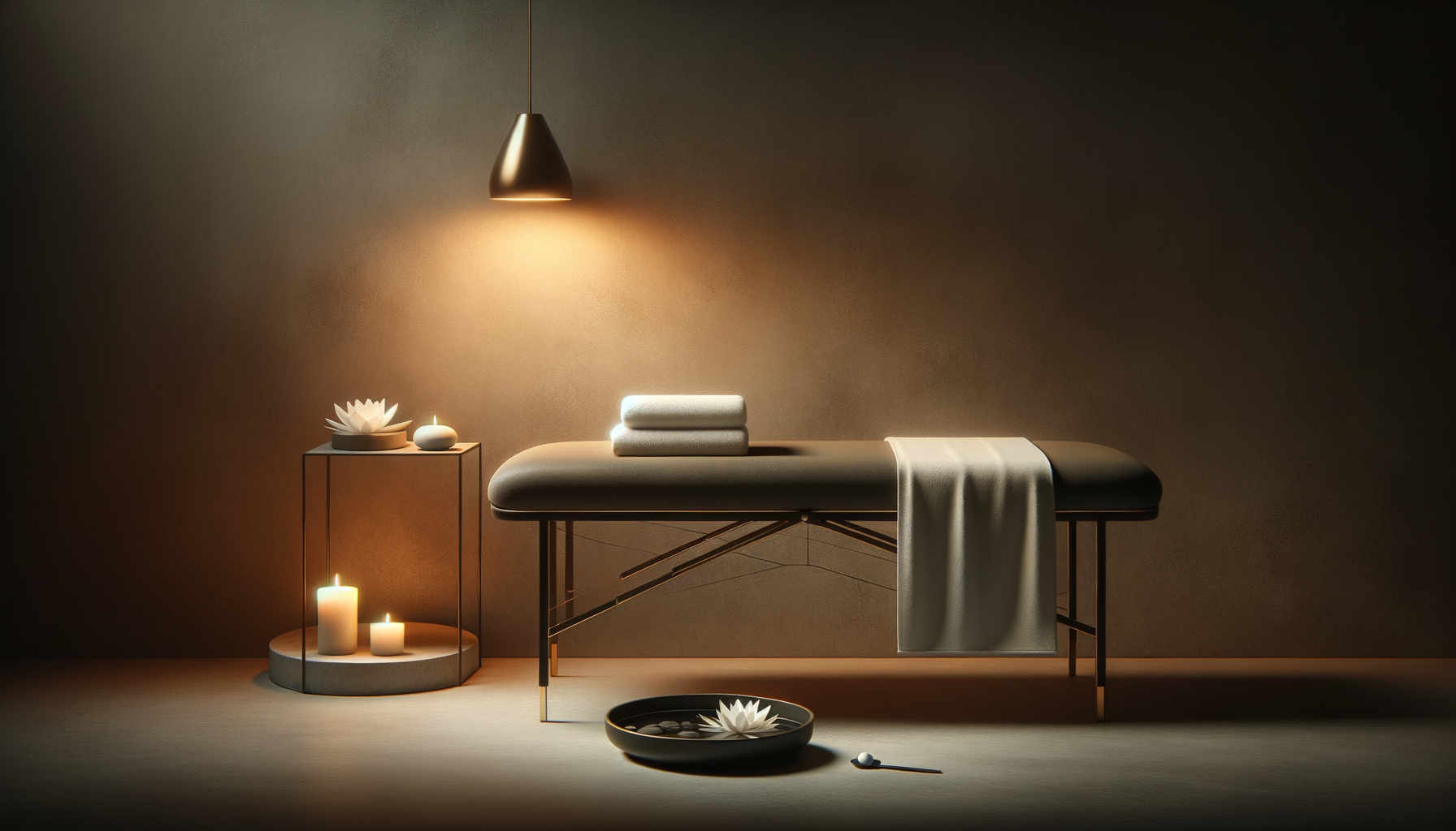 A serene massage room with a massage table, folded towels, a hanging pendant light, candles, a decorative bowl with lotus flowers, and a zen rake on the floor, creating a calm atmosphere.