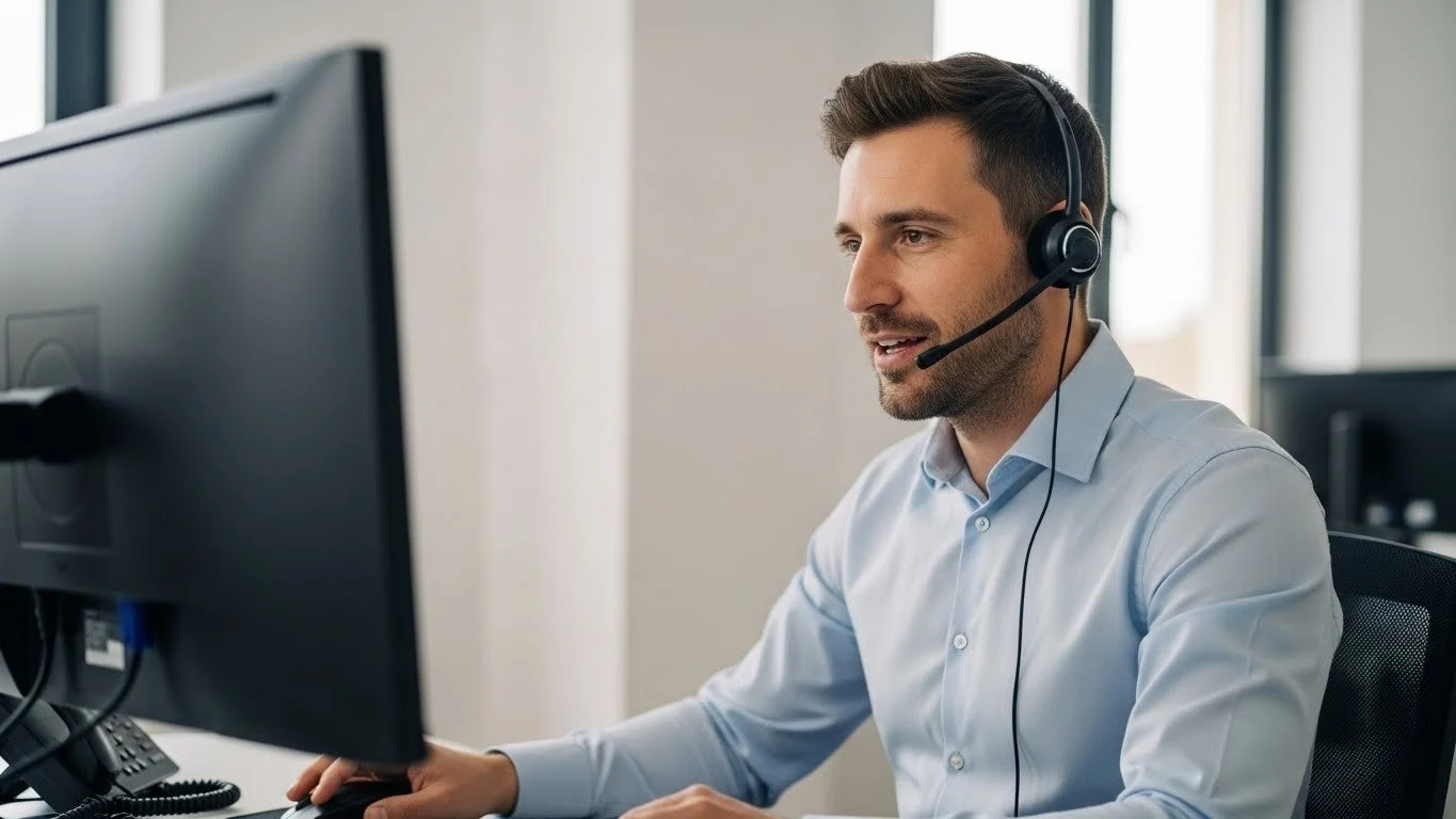 A man in a light blue shirt wearing a headset, working at a desk with a computer in an office.