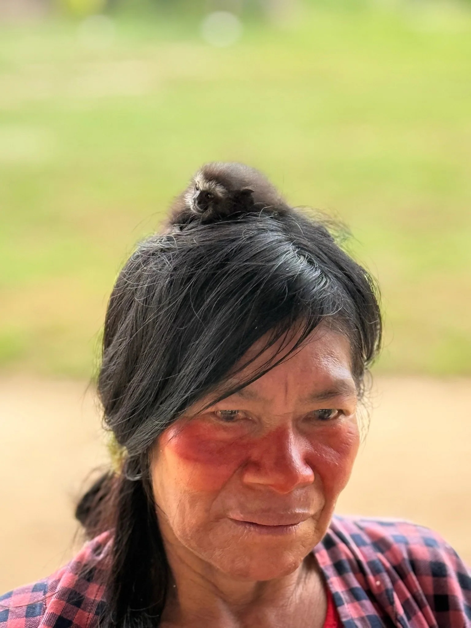 A man with black hair and a plaid shirt has a small monkey sitting on his head.