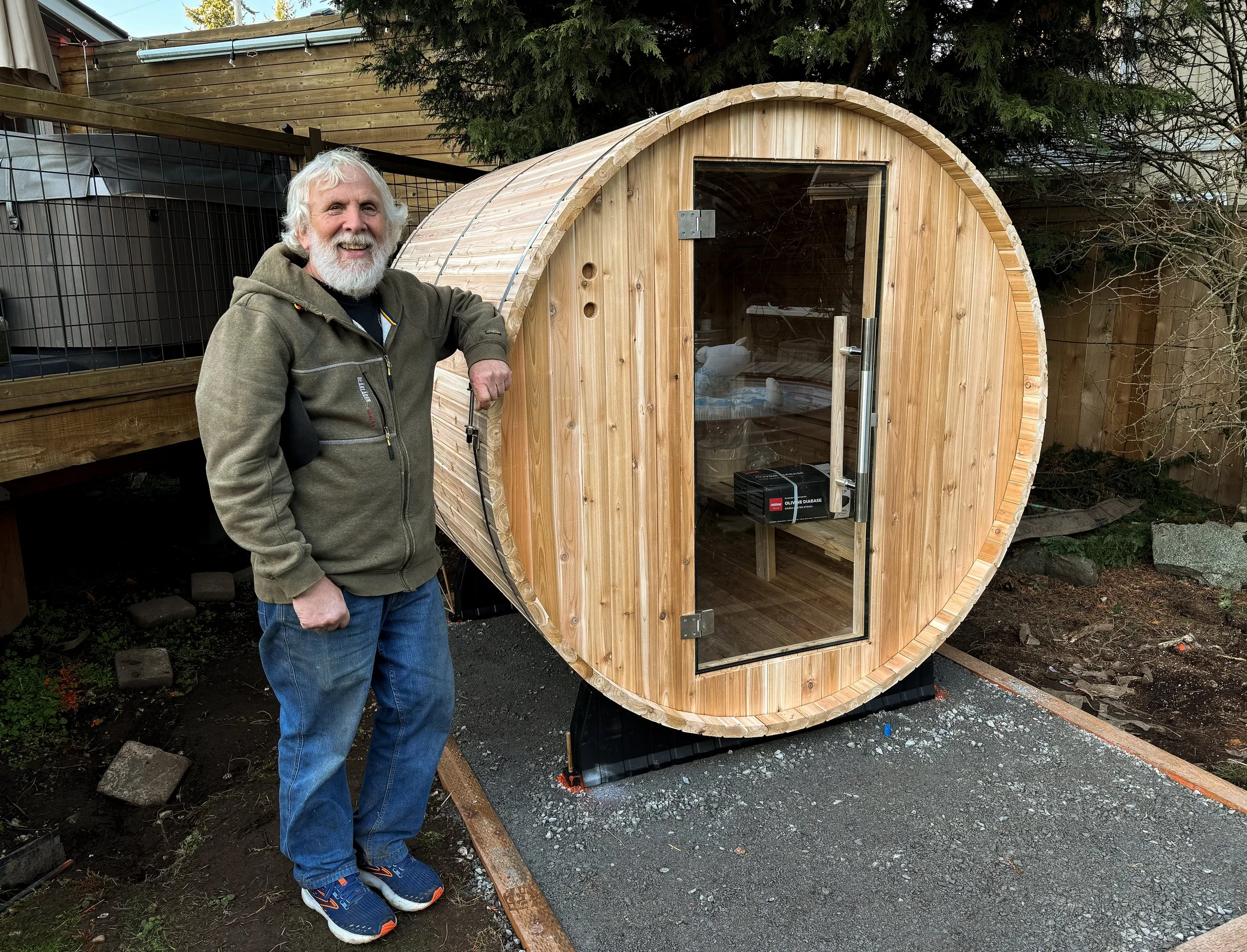Sauna build and installation on level, compacted gravel pad.