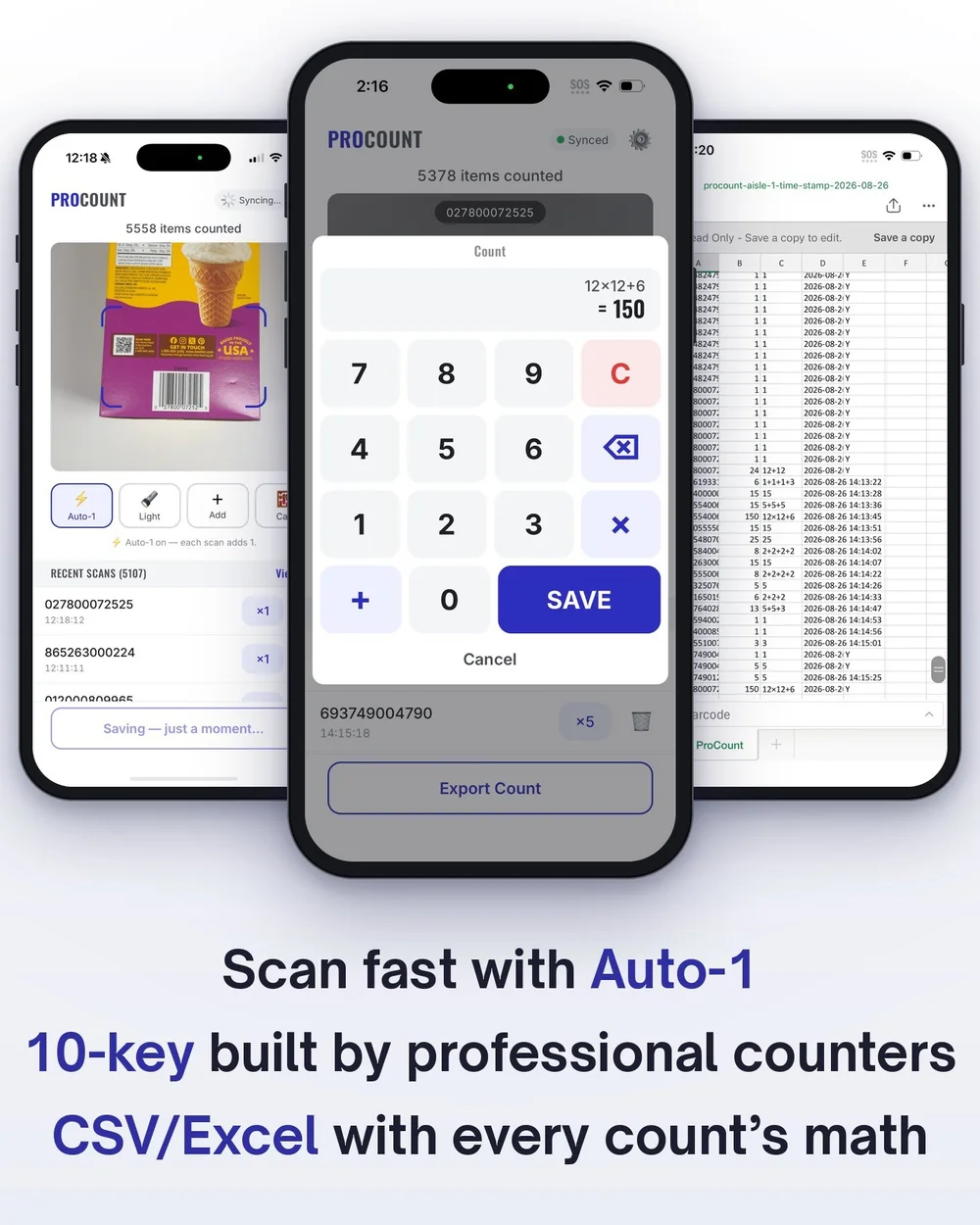 ProCount inventory scanner app on iPhone: Auto-1 scanning, the 10-key doing 12x12+6 = 150, and a CSV/Excel export