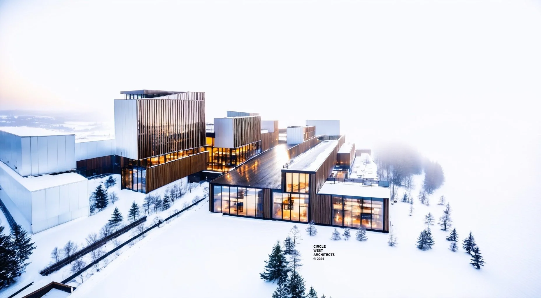 Modern architectural building complex with glass walls and wooden accents, situated in a snowy landscape with sparse trees, under a bright sky.