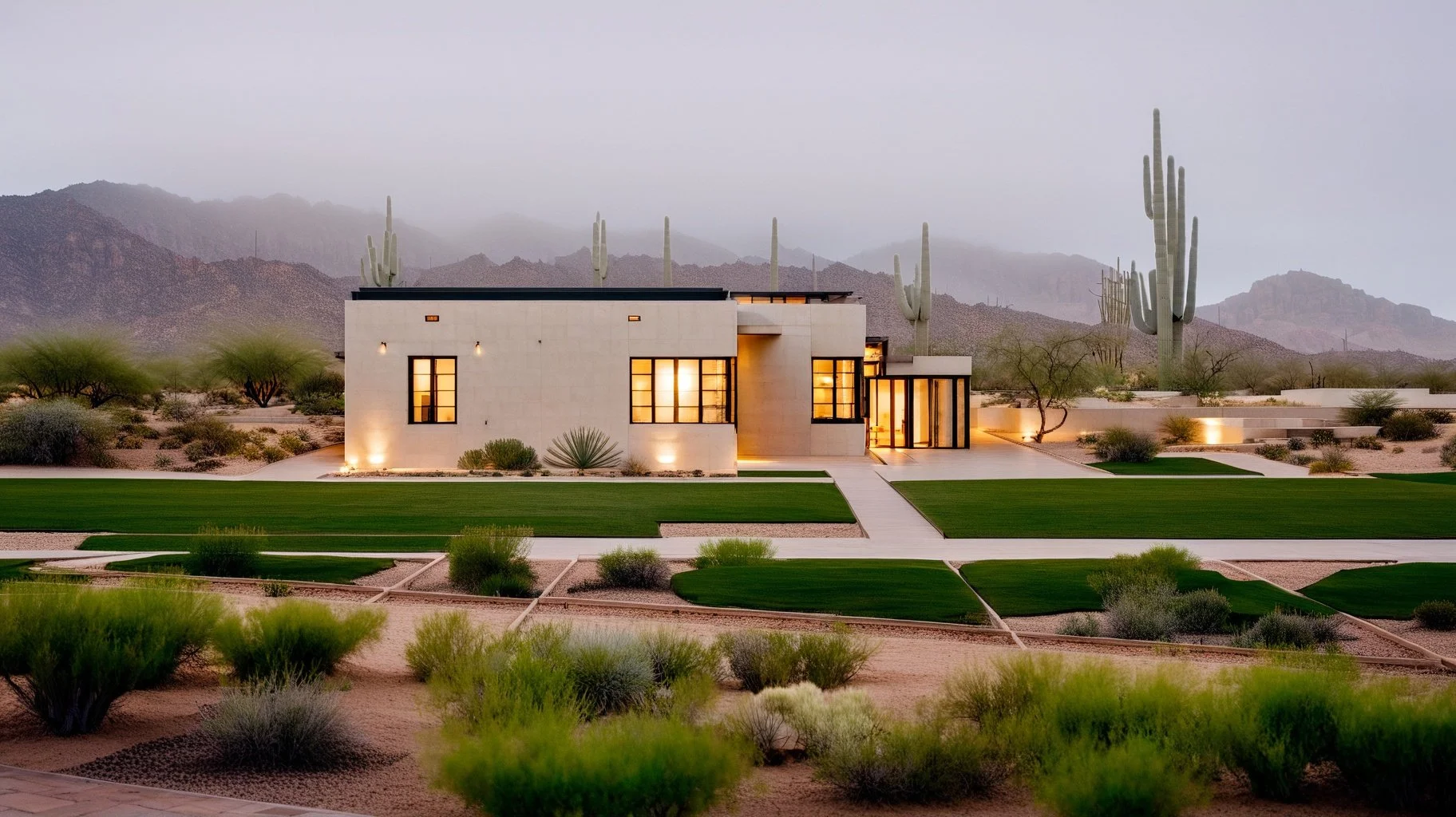 Modern house with beige exterior walls and large windows, illuminated from within, situated in a desert landscape with cacti and mountains in the background, surrounded by a manicured lawn and desert plants.