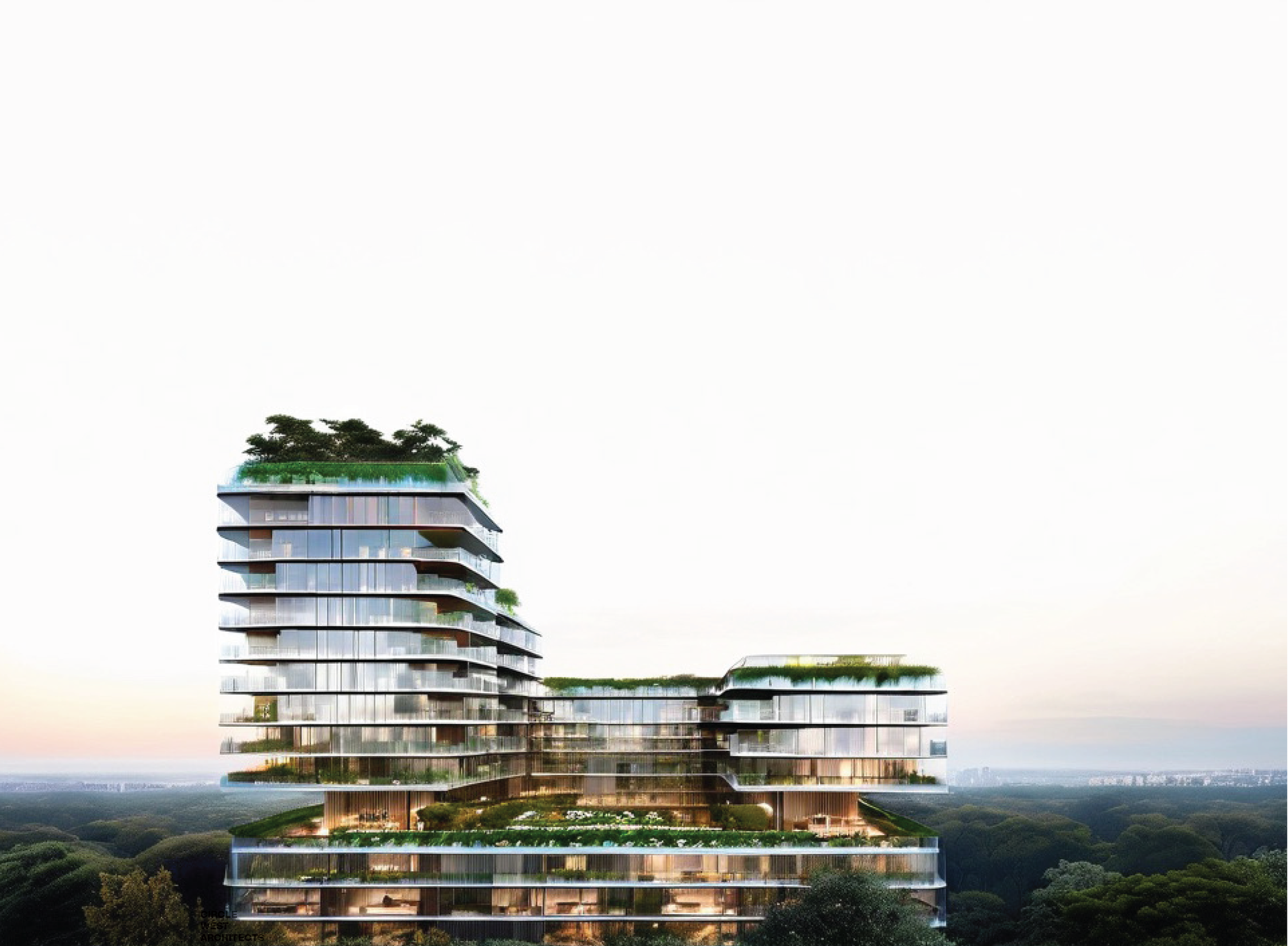 Modern multi-story building with glass exterior and green rooftop gardens, set against a forested landscape and skyline.