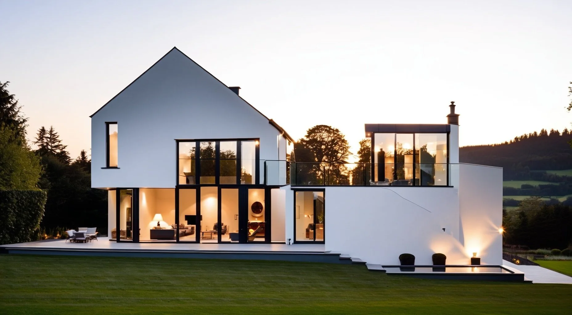 Modern white house with large glass windows and a spacious backyard, illuminated at dusk, with rolling hills and trees in the background.