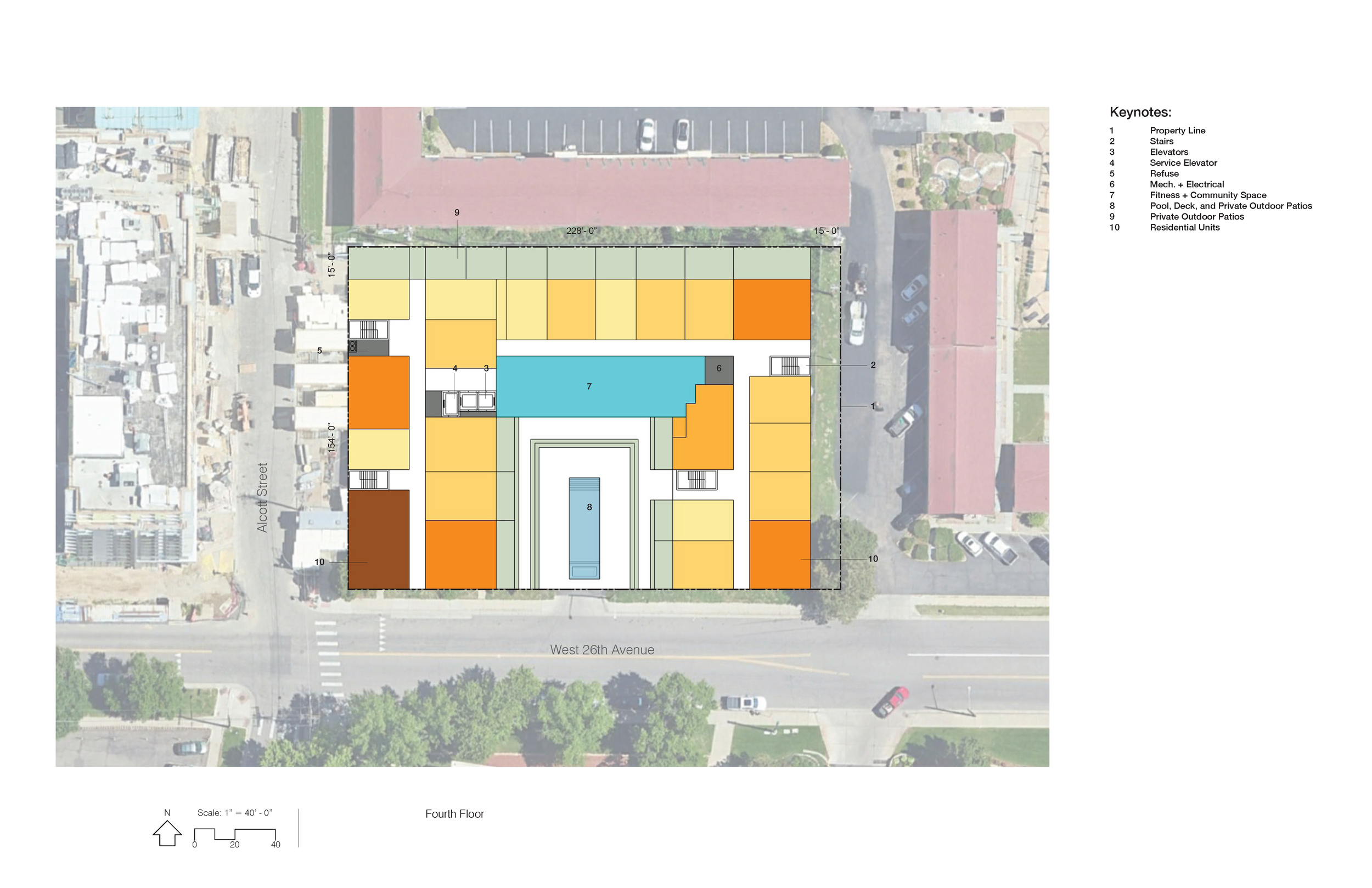 Architectural site plan overview of a building complex with parking, outdoor pools, and landscaped areas, surrounded by streets and neighboring buildings.