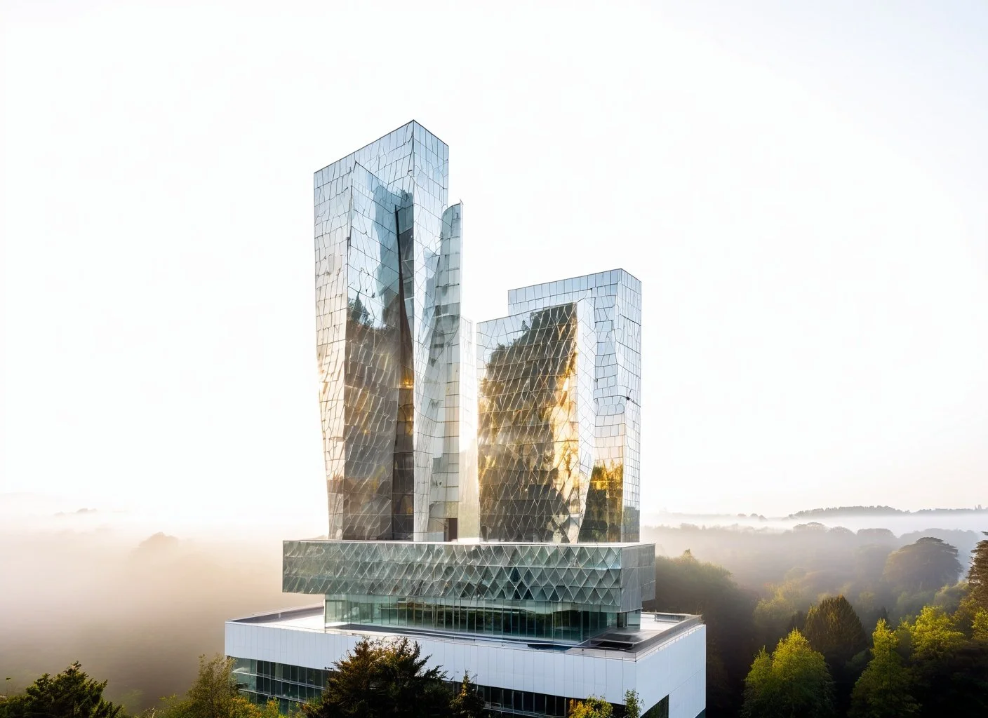 Modern glass skyscraper reflecting the surrounding trees and sky, set against a foggy landscape with trees in the foreground.