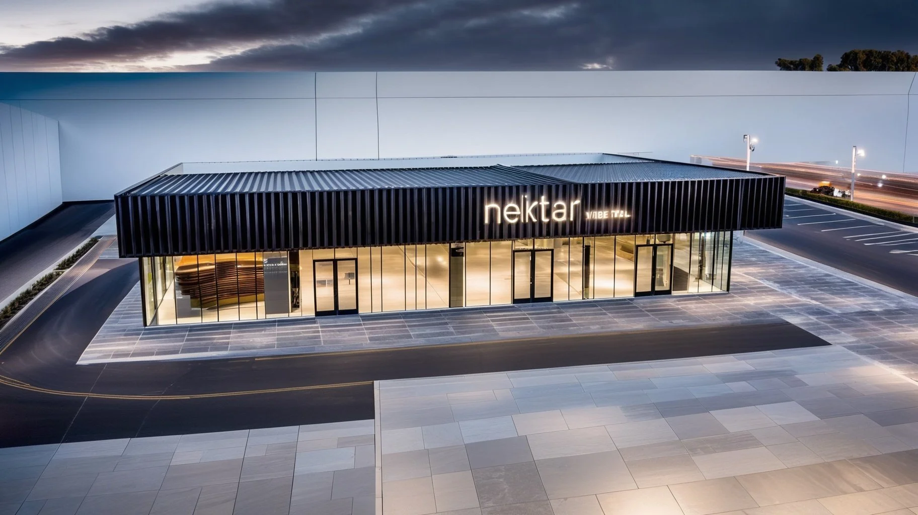 Modern building with glass walls, illuminated sign reads 'nektar', located in a parking lot during evening, with a dark sky and streetlights nearby.