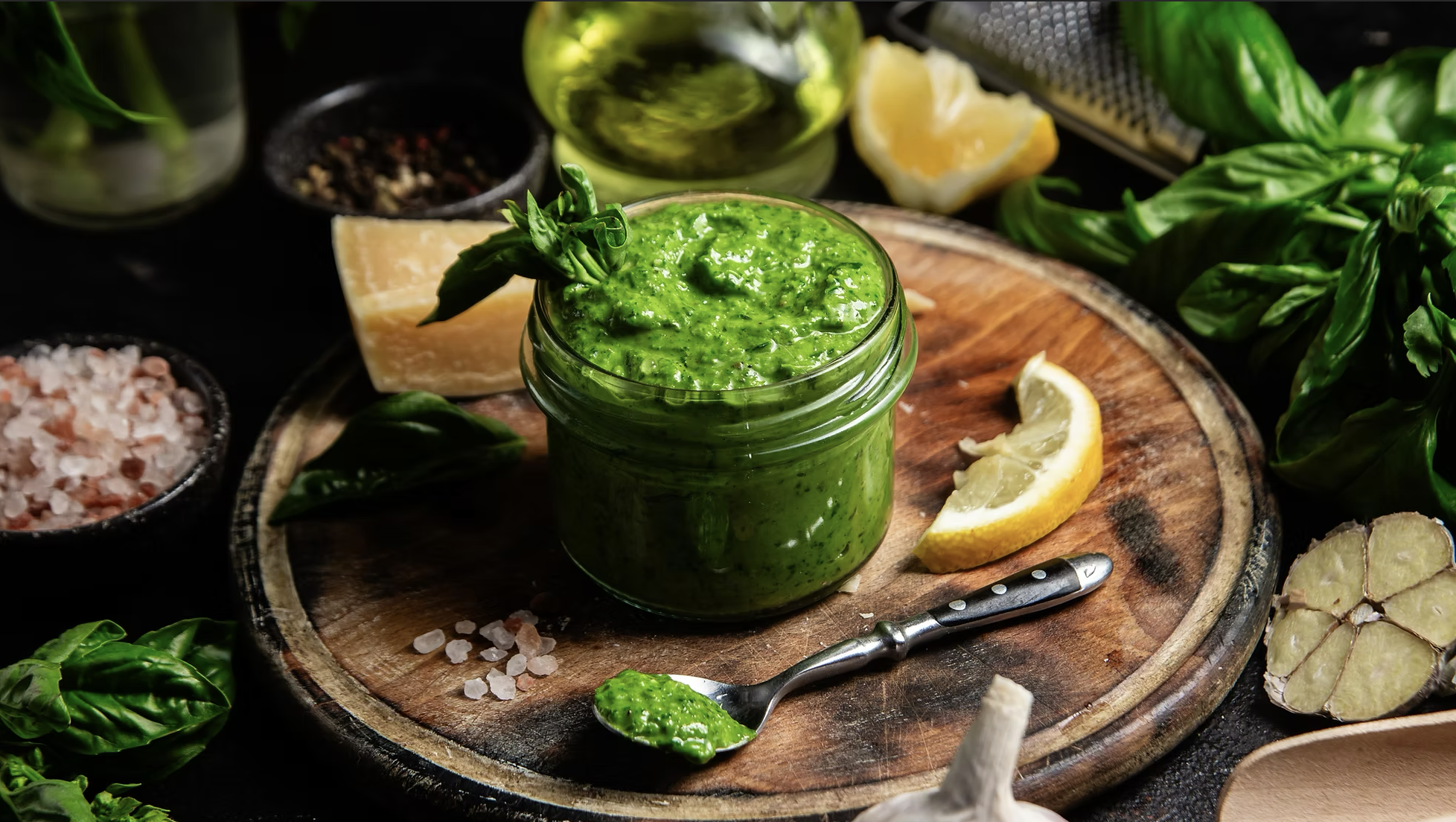 A jar of homemade green pesto sauce on a wooden cutting board, surrounded by lemon wedges, fresh basil, and various herbs and spices.