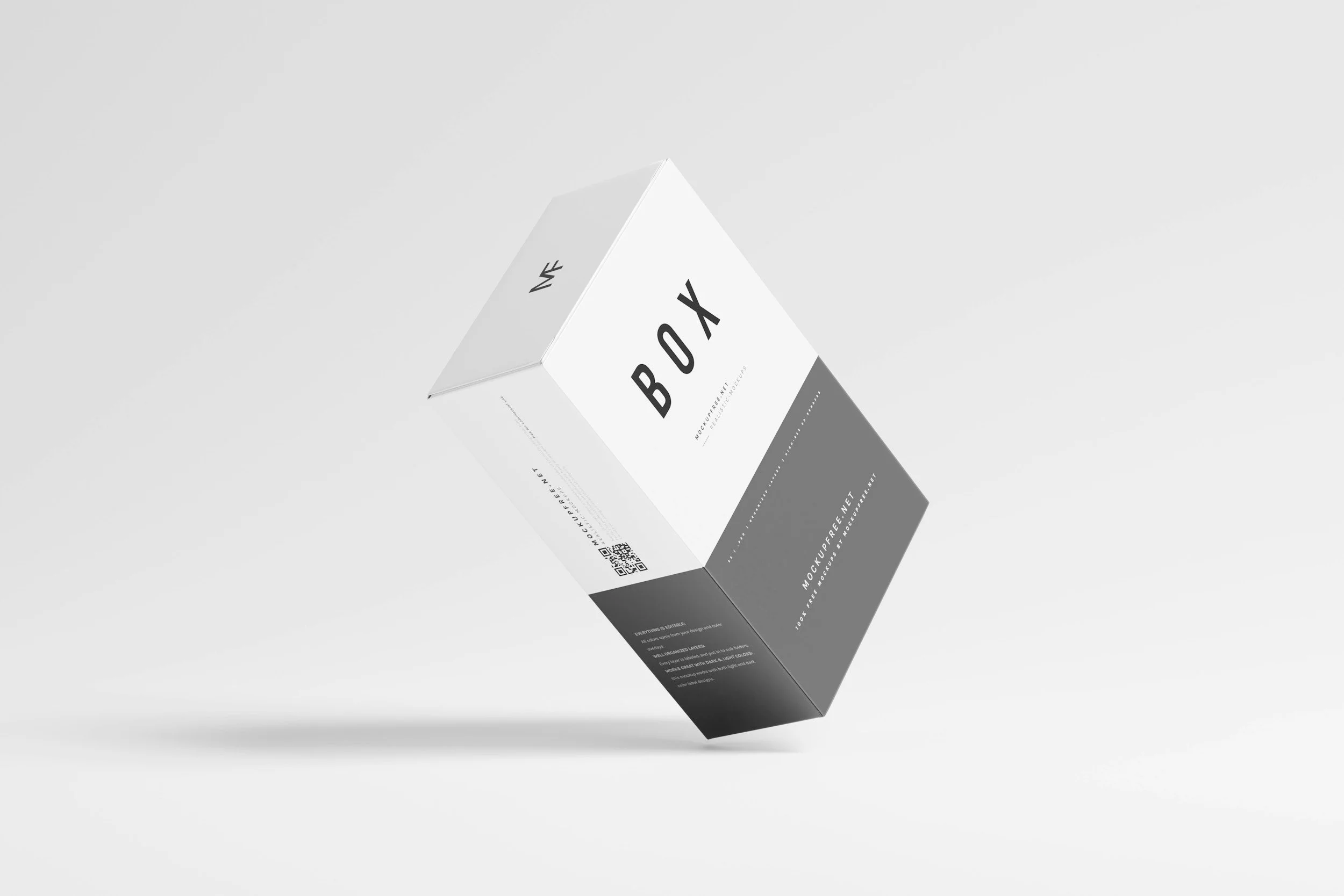 Render di una scatola di forma cubica con il testo 'BOX' sulla parte superiore e un design minimalista in bianco e nero, in sospensione contro uno sfondo chiaro.