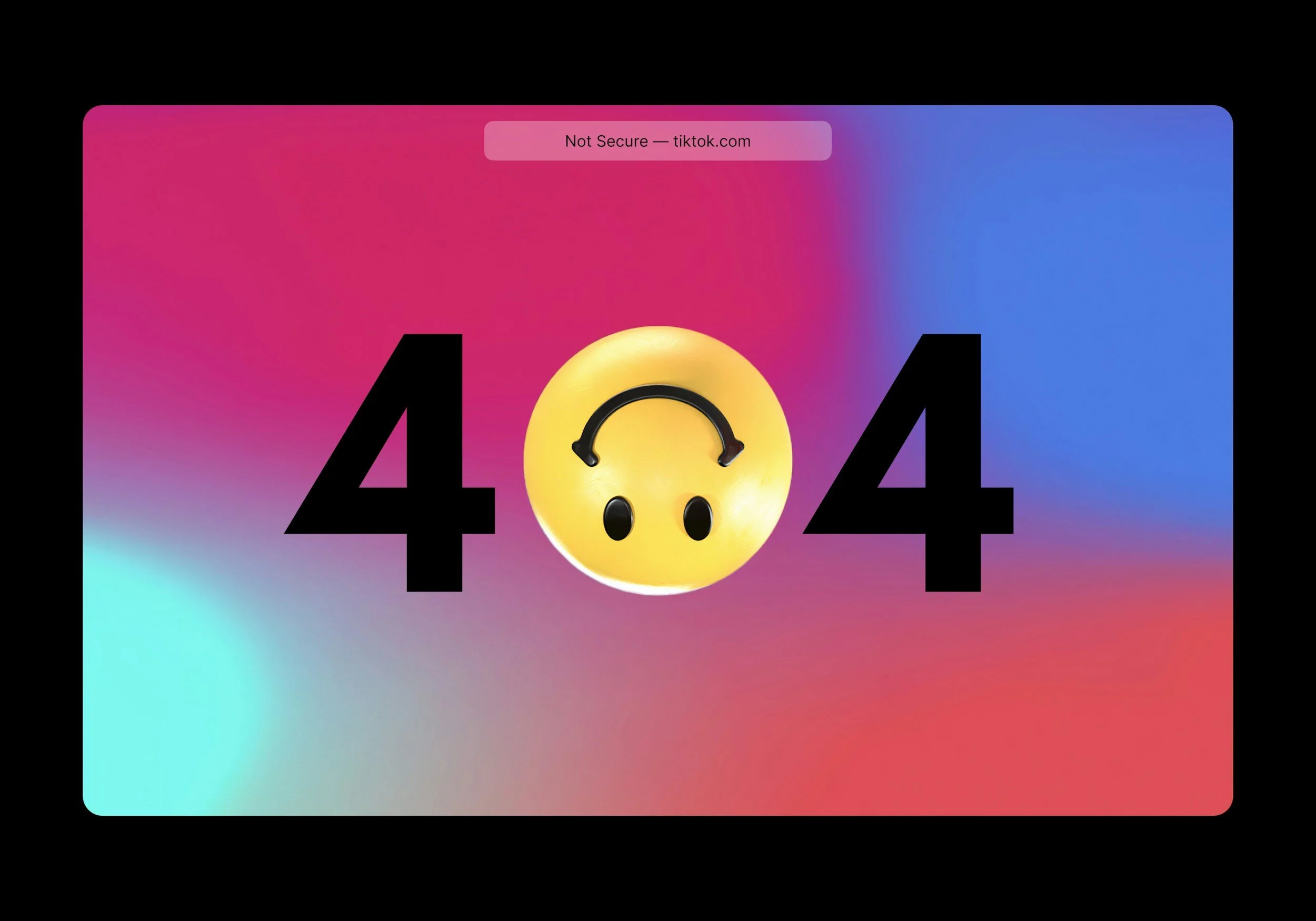 Pagina web con errore 404, simbolo di un volto sorridente con cuffie al centro del numero 404, sfondo colorato con sfumature di rosa, blu e viola, not secure - tiktok.com