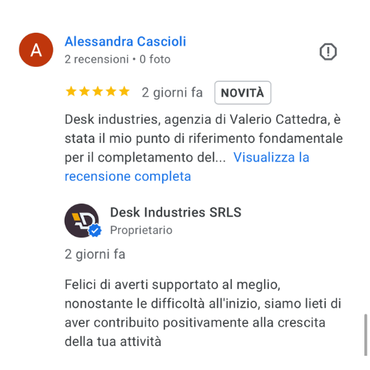 Screenshot di una recensione su Google con il nome Alessandra Cascioli e la recensione positiva di Desk Industries SRLS.