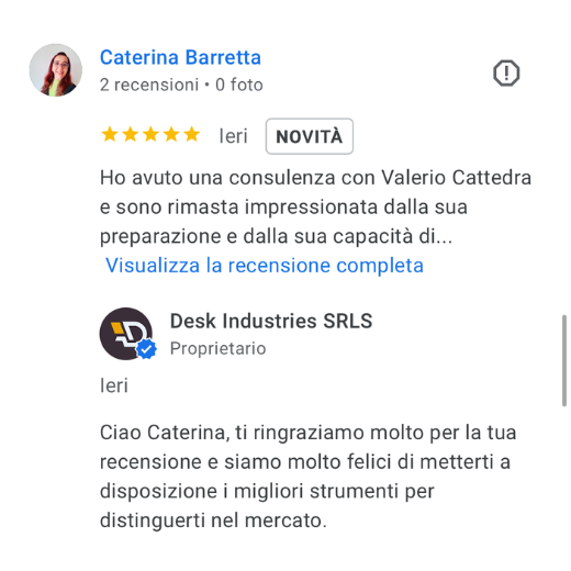 Recensione scritta da Caterina Barretta su Google, ringraziando Valerio Cattedra per la consulenza. La recensione include un punteggio di cinque stelle e un messaggio di soddisfazione.