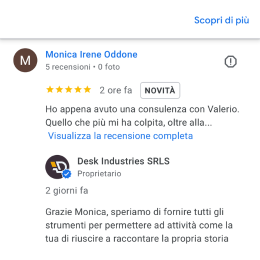 Schermata con recensioni e commenti su una piattaforma online, con profilo di Monica Irene Odddone e Desk Industries SRLS, che ringraziano per la collaborazione.