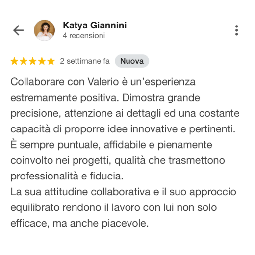 Recensione positiva su Valerio e la collaborazione, evidenziando precisione, attenzione ai dettagli, affidabilità e approccio equilibrato nel lavoro.