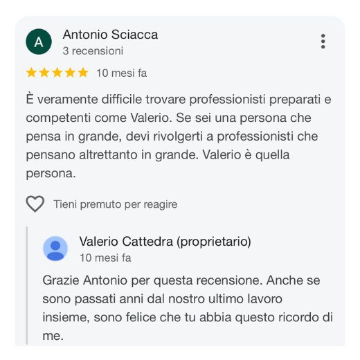 Recensione online con valutazione a 5 stelle, commenti positivi tra due utenti, Antonio Sciacca e Valerio Cattedra.