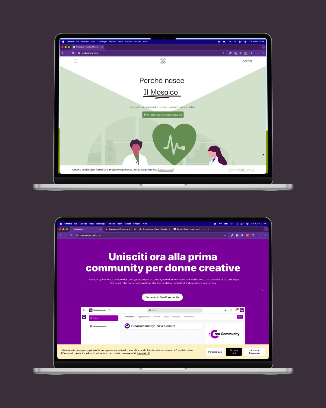 Siti web di Desk Industries. Due pagine web su un laptop. La prima pagina promuove un servizio psicoterapia online, mentre la seconda invita a unirsi a una community online dedicata alle donne creative.