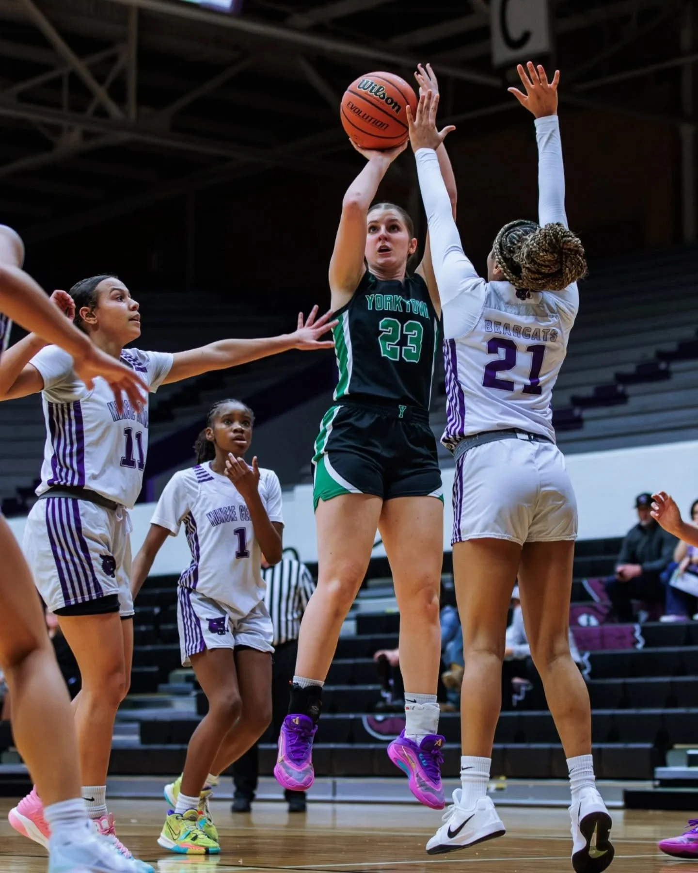 Muncie Central girls basketball fell to Yorktown on Tuesday in a hard fought game that included: wrong basketball size, crashing into chairs, ice packs, and some pickles courtesy of @haeleyrollins 

Link to the full gallery in the bio.