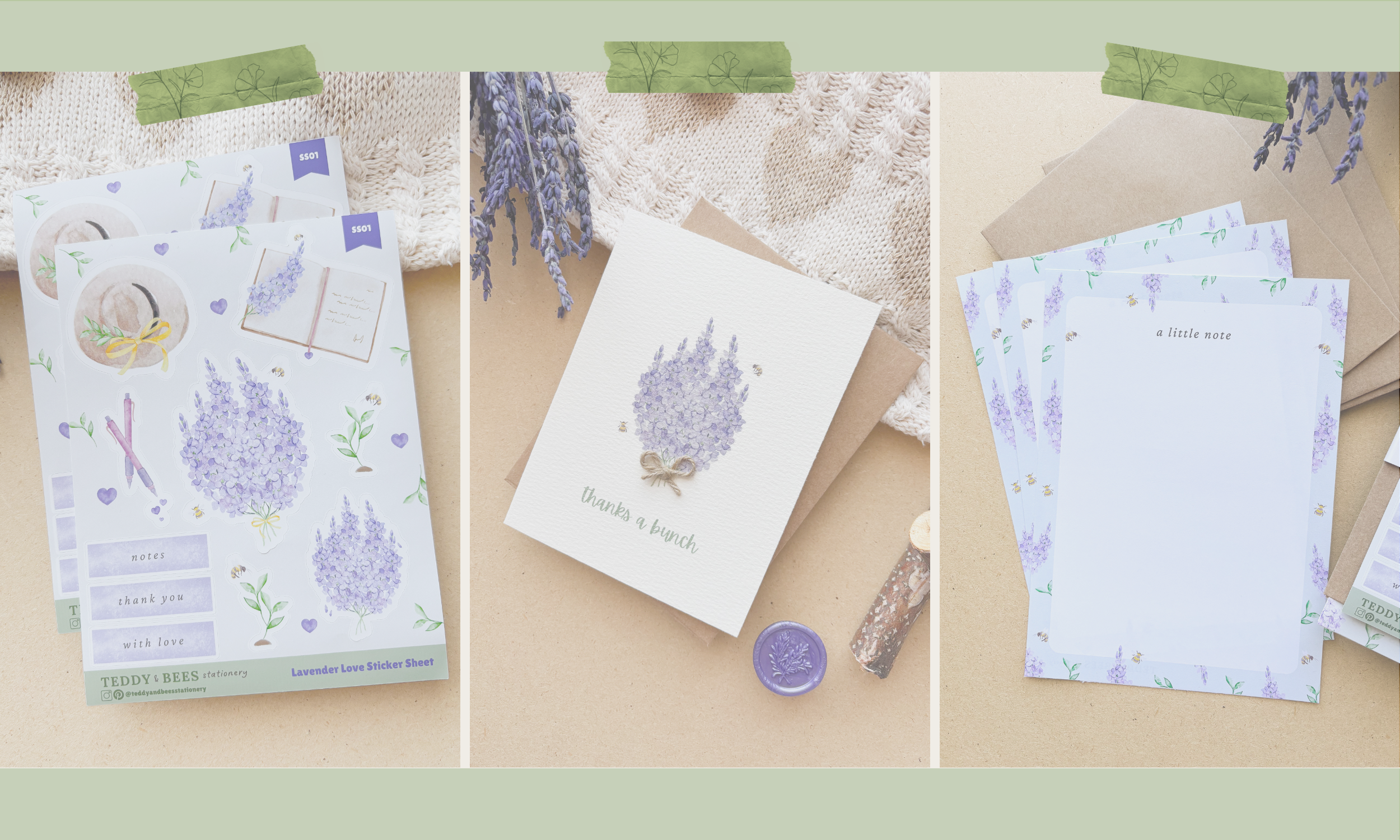 Photo of a sticker sheet, greeting card, and letter writing set. All whimsy and lavender themed.