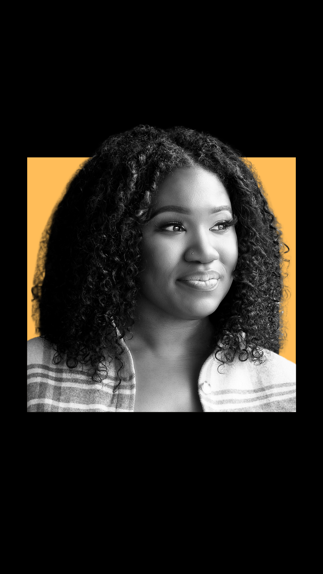 A black and white portrait of a woman with curly hair, a nose piercing, wearing a striped top with a yellow background behind her.