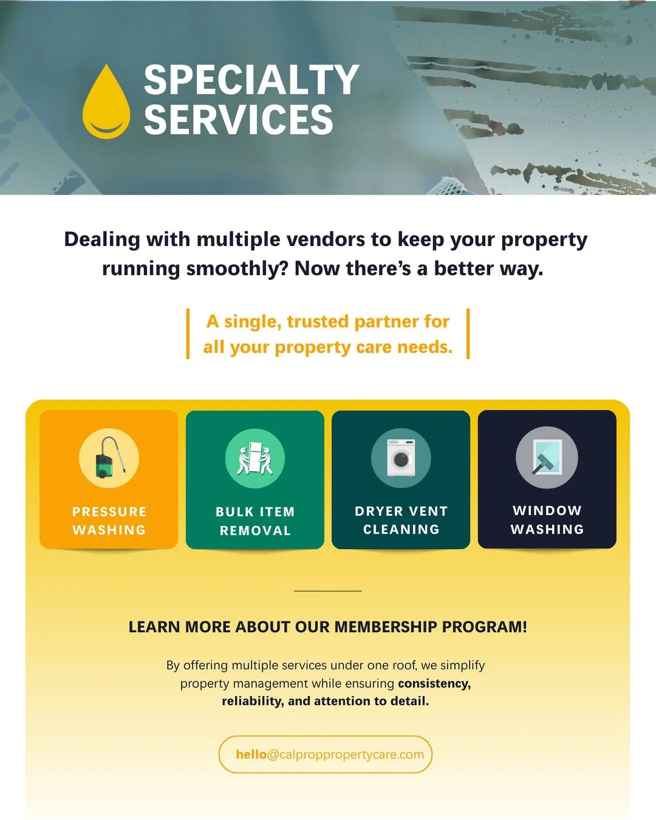 We&rsquo;re more than just a janitorial company - ask us about pressure washing, bulk-item removal, dryer vent cleaning and window washing!