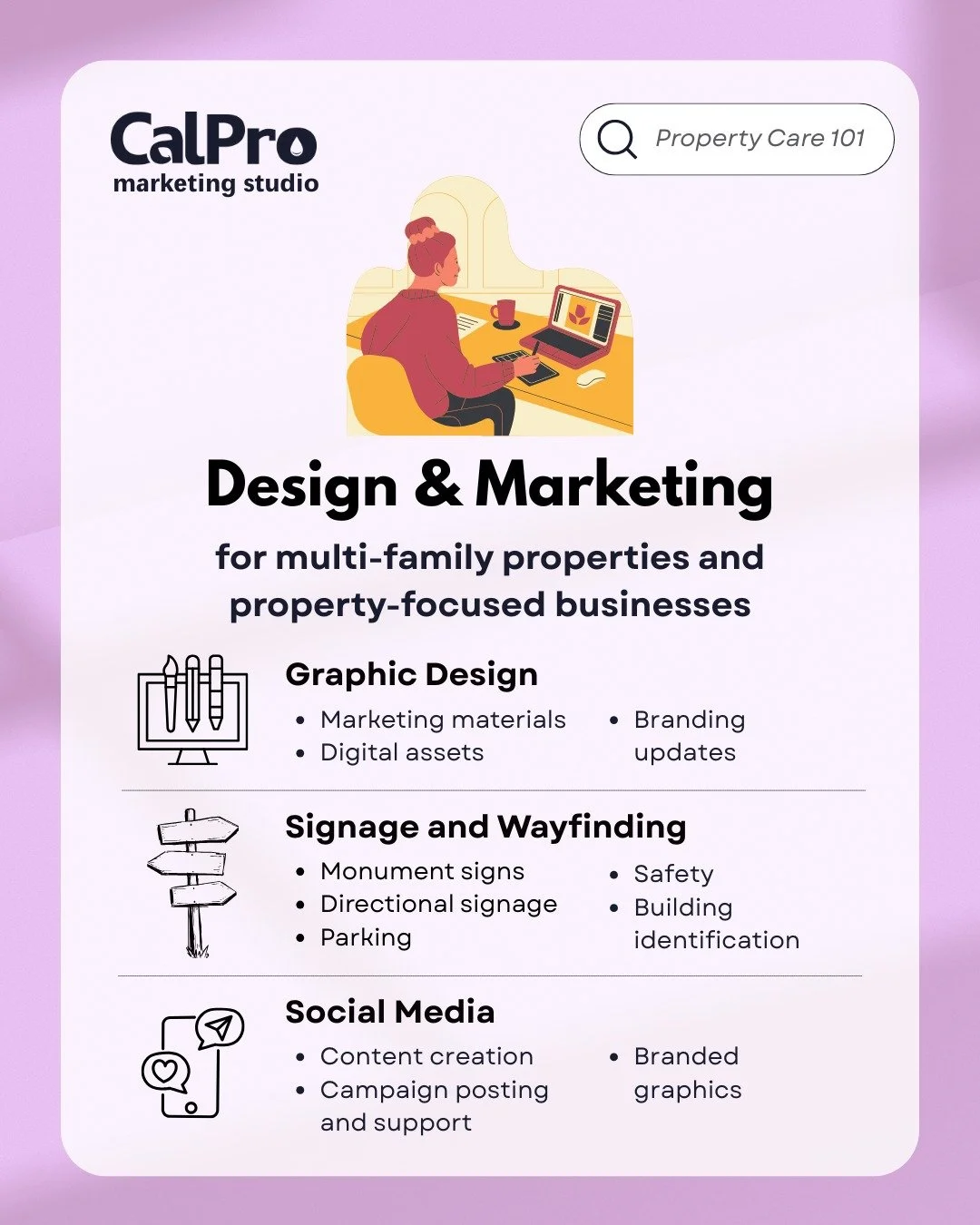 Our Marketing Studio is another result of popular demand. We deliver cohesive branding, signage and content for multi-family property and property-focused businesses -- both IRL and online.

Clarity, from curb to click!