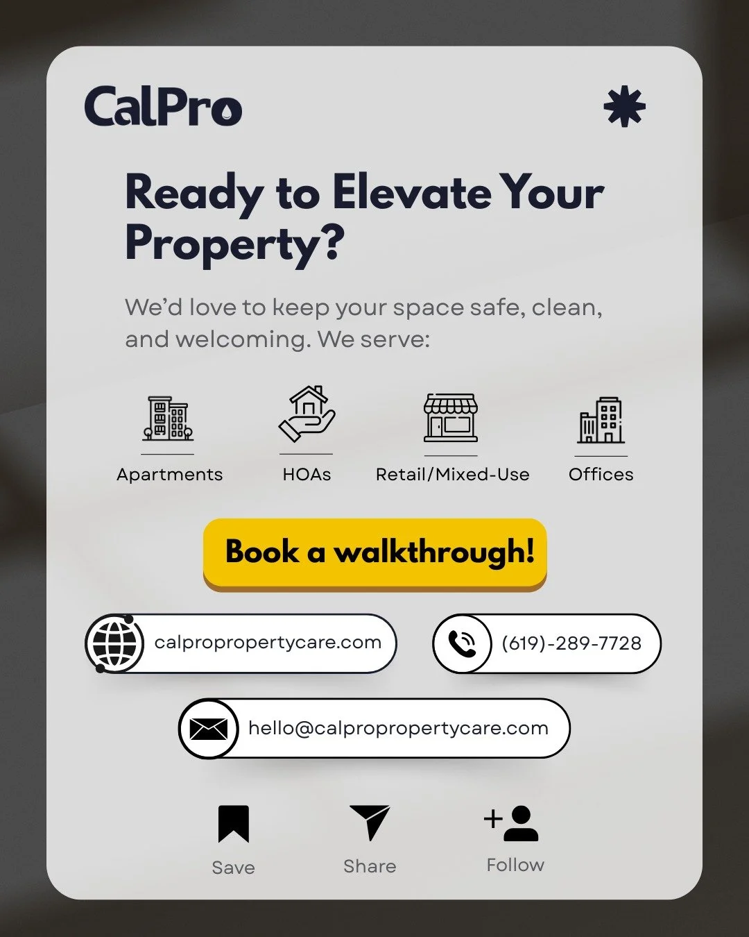 That wraps up Property Care 101!

If you manage an apartment or HOA community, office, or retail/mixed-use center, we're here to help. Book a walkthrough today with no obligation via: 

hello@calpropropertycare.com
www.calpropropertycare.com
(619)-28