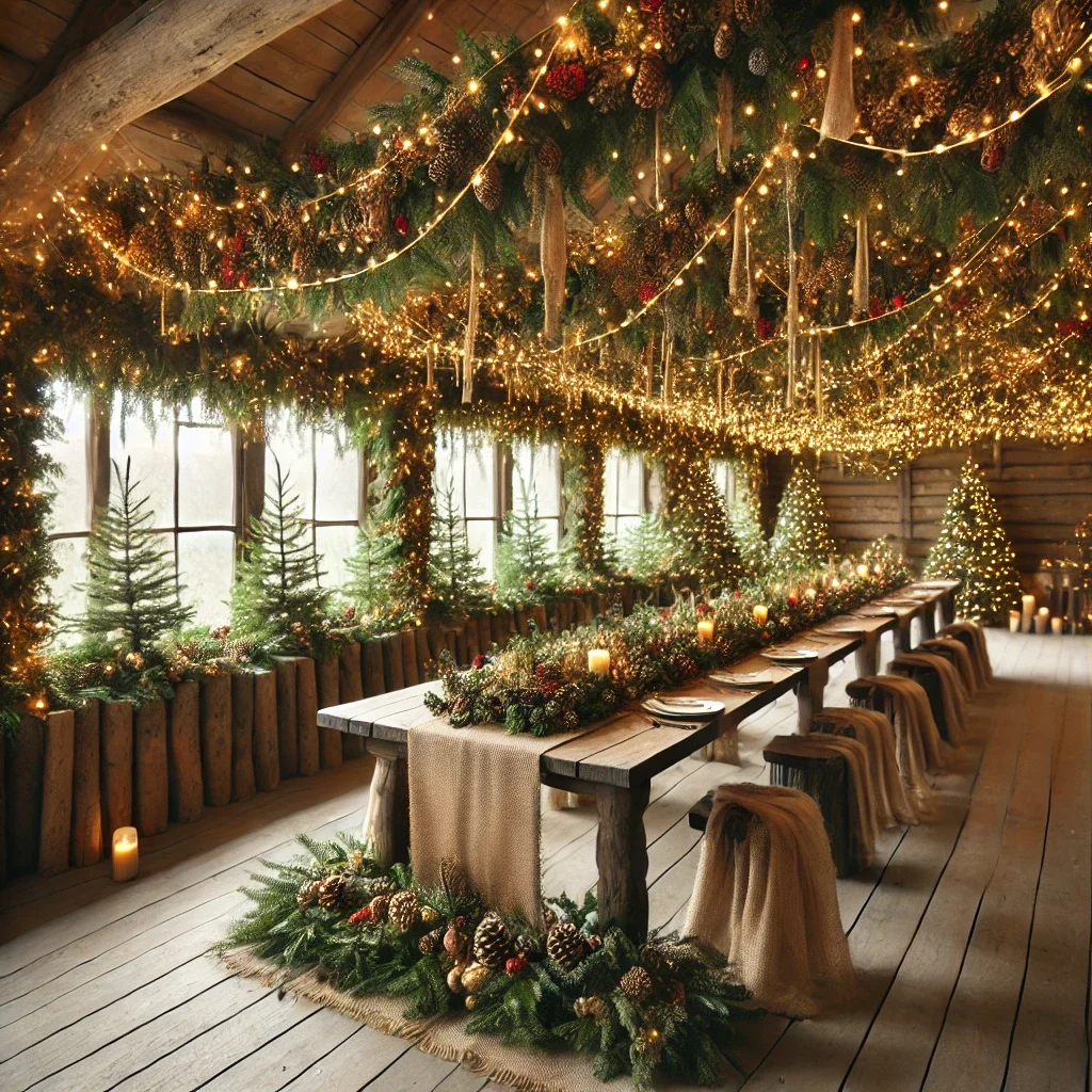 DALL·E 2024-10-16 17.11.24 - A rustic Christmas-decorated event space with lots of thick garlands draped across wooden ceiling beams, with warm yellow fairy lights woven throughou.webp