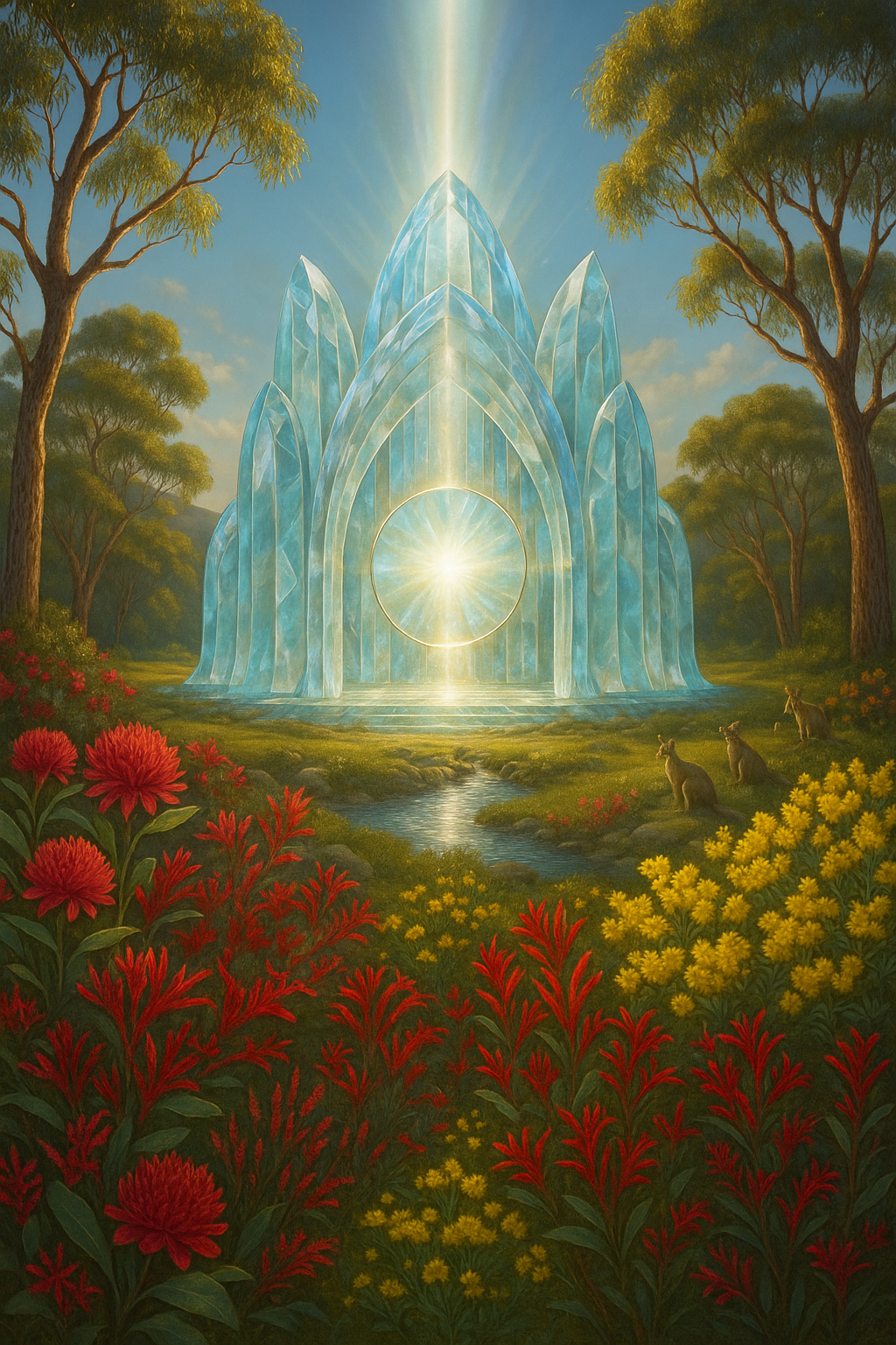 A fantastical scene of a crystal-like structure shining with bright light, set in a lush landscape with tall trees, colorful flowers, and kangaroos.
