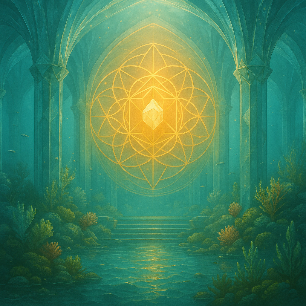 An underwater scene with a glowing geometric symbol and a crystal at the center, surrounded by aquatic plants and columns.