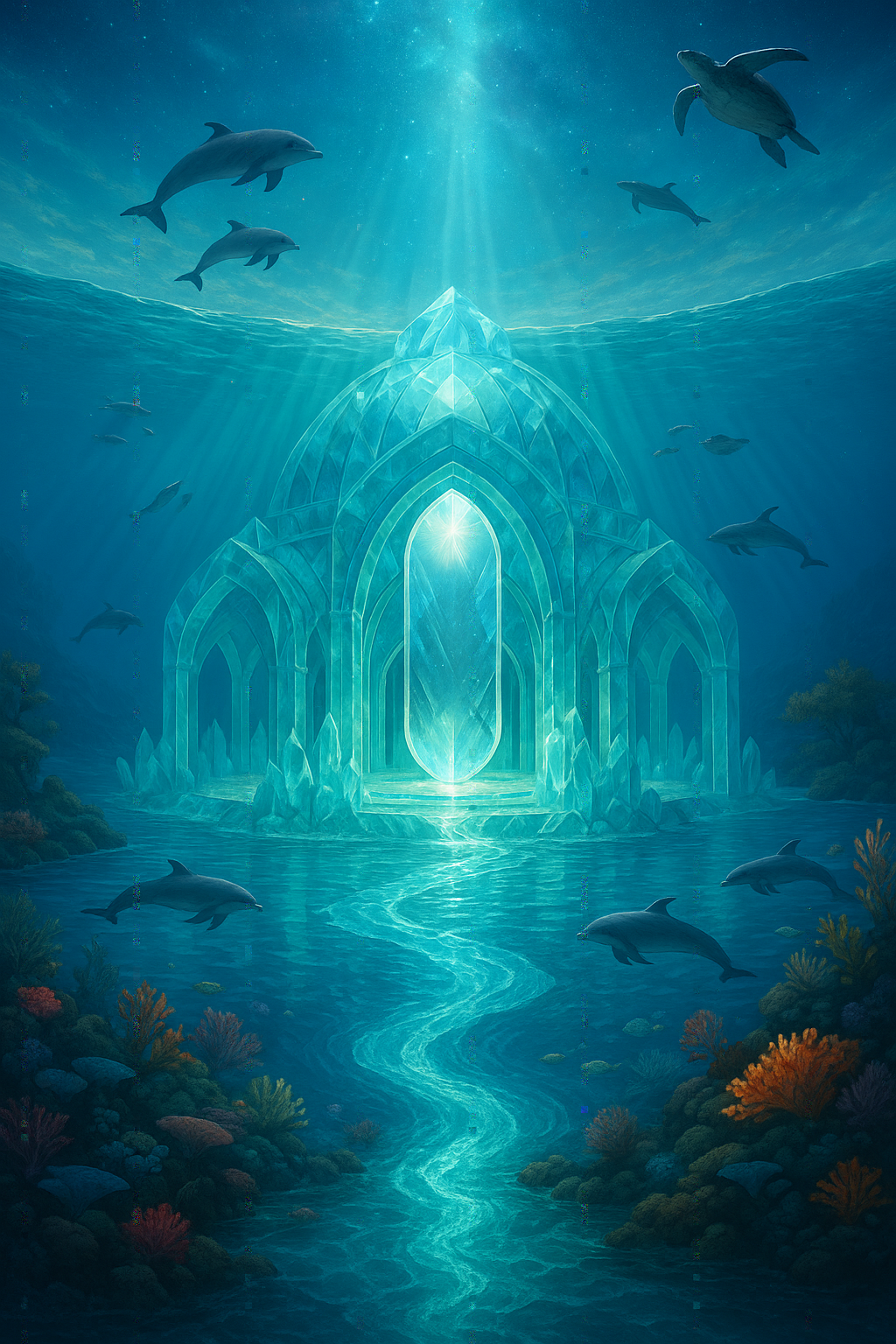 Underwater scene of an icy, crystal palace with dolphins swimming around and coral at the bottom. Light filters through the water onto the palace.