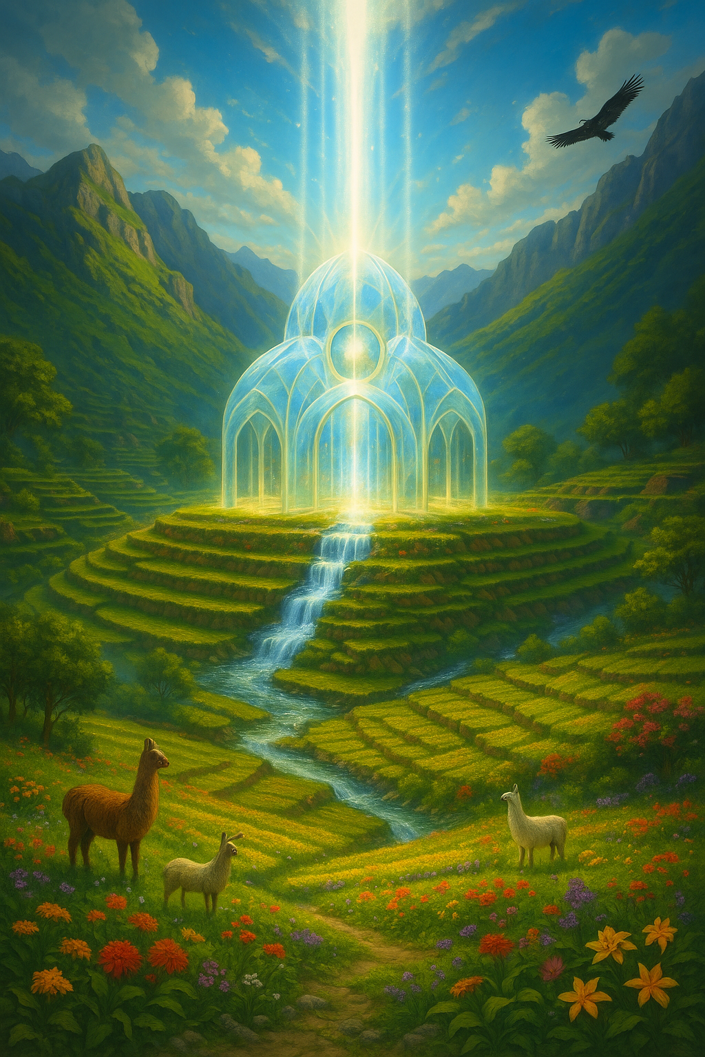 A fantasy landscape featuring a glowing crystal-like structure atop a terraced hill with a waterfall, surrounded by lush greenery, mountains, a river, and animals including llamas and an eagle flying in a partly cloudy sky.