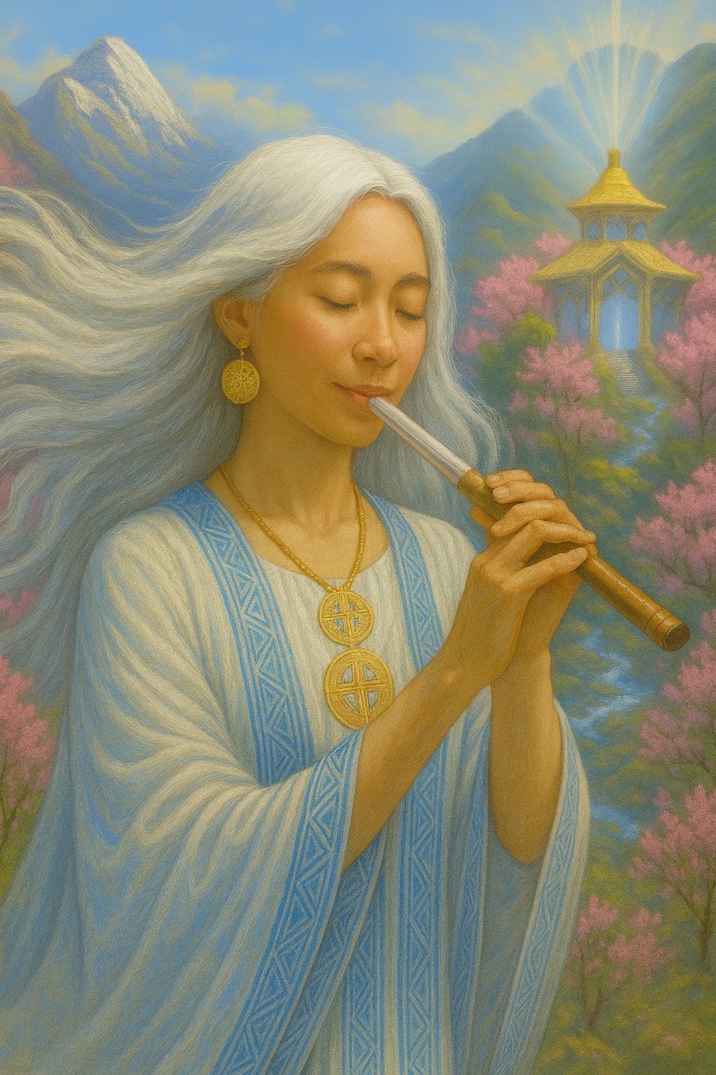 A woman with long, white hair playing a flute in a peaceful landscape with mountains, pink trees, and a gazebo lit by sunlight.