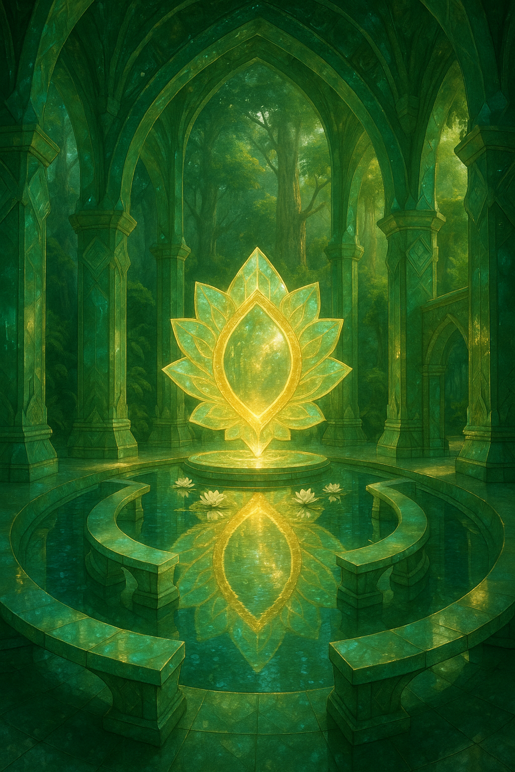 A mystical, luminous lotus-shaped structure surrounded by green arches and a water feature with smaller lotus flowers, set in a lush forest with tall trees in the background.
