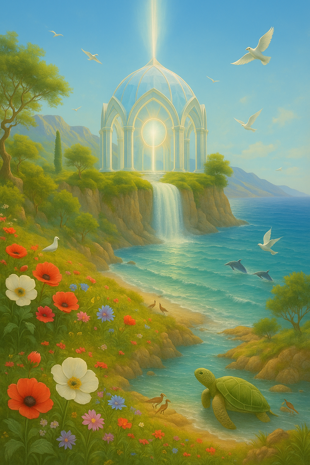 Fantasy landscape featuring a glowing, ornate building on a cliff with a waterfall, surrounded by colorful flowers, birds, dolphins in the water, sea turtles, and lush trees under a bright sky.