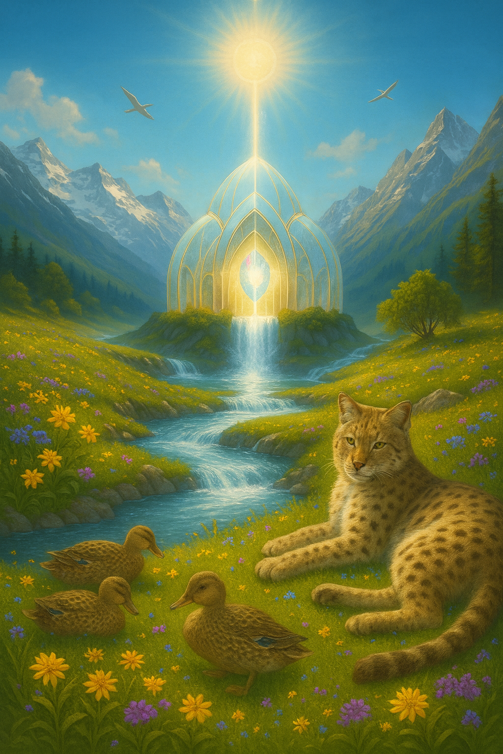 A fantasy landscape featuring a river flowing through a valley with colorful flowers, surrounded by mountains, with a glowing mystical structure emitting a beam toward the sun, and a cheetah resting among ducklings in the foreground.