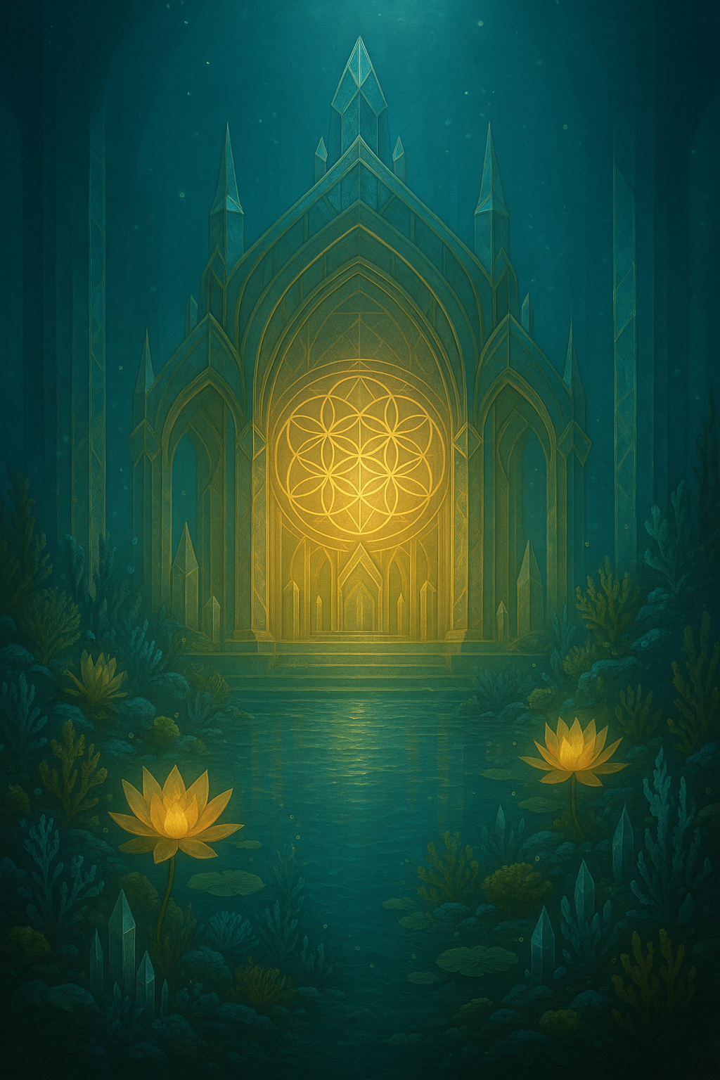 An illuminated, gothic-style castle with pointed spires is reflected in a pond. There are yellow lotus flowers and aquatic plants in the foreground, creating a mystical and serene atmosphere.