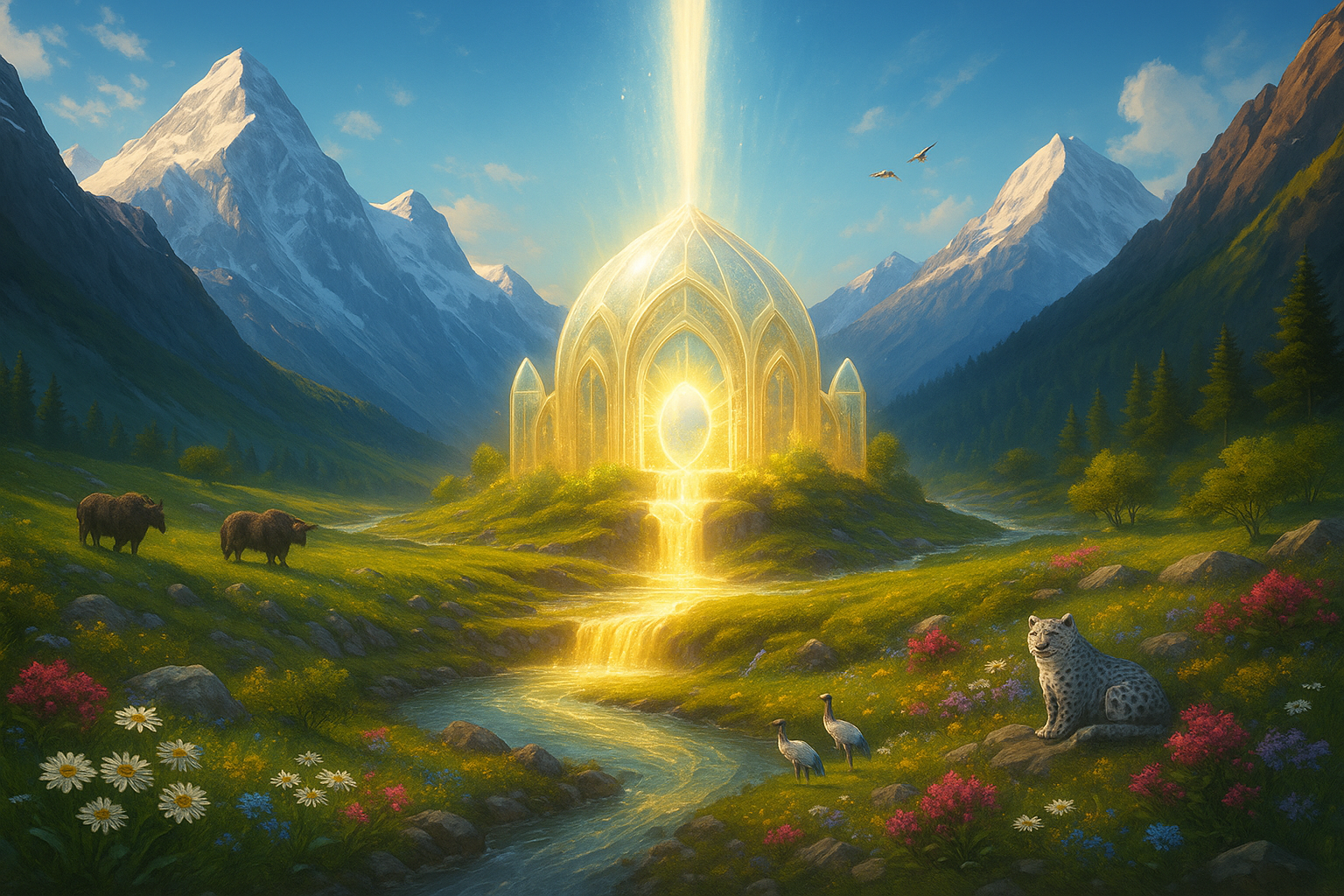 A fantasy landscape with snow-capped mountains, lush greenery, a flowing river, wild animals including bison, cranes, and a leopard, and a glowing golden cathedral with spires, surrounded by vibrant flowers.