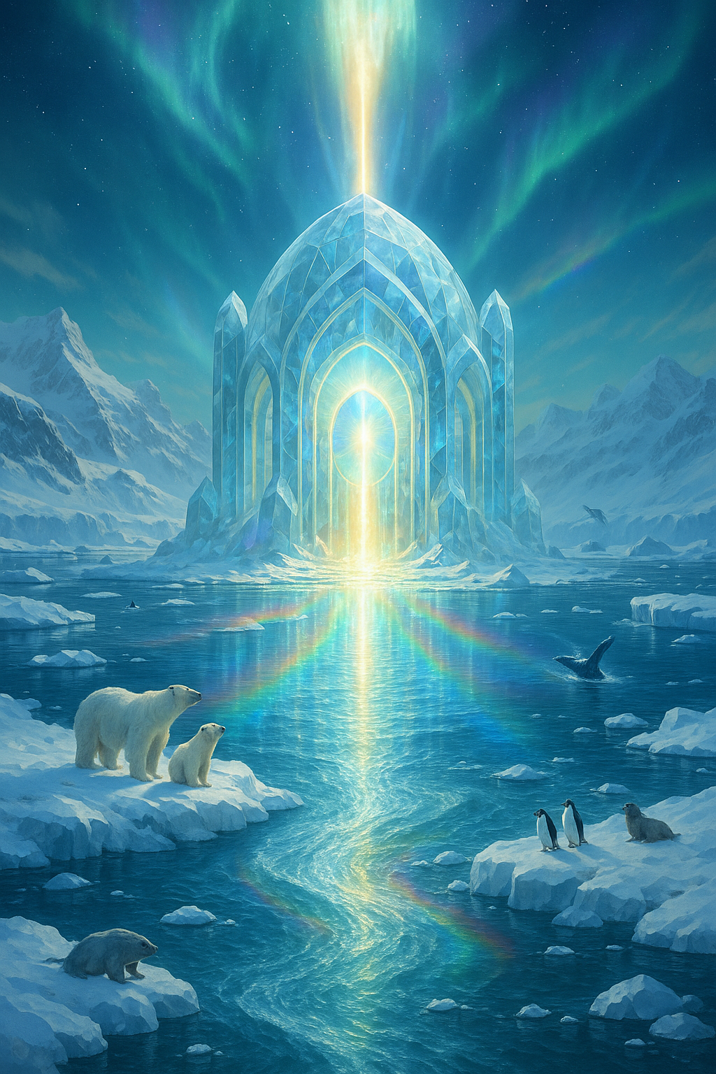 A fantastical icy landscape with a glowing, crystal-like palace, polar bears, penguins, and a whale, under the northern lights and a starry sky.