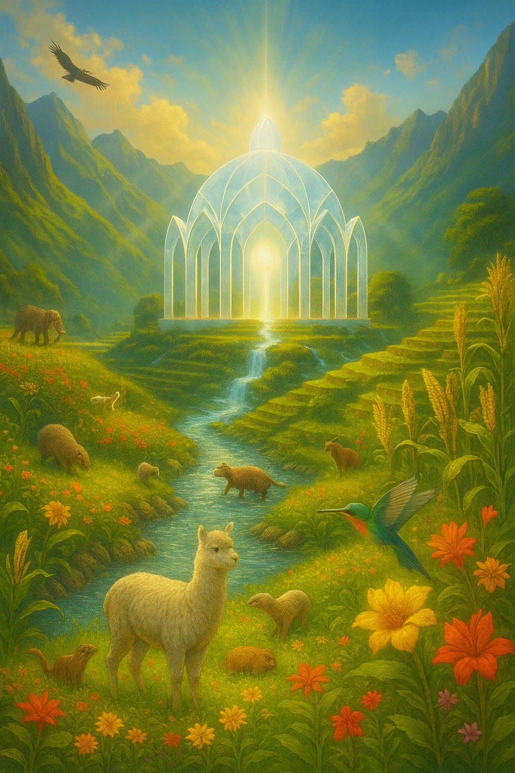 A fantasy landscape with a glowing, cathedral-like structure made of light, set in lush green mountains. A river flows through the scene with various animals such as alpacas, bears, a hummingbird, and other wildlife among colorful flowers and tall grasses. The sky is partly cloudy with an eagle flying above.