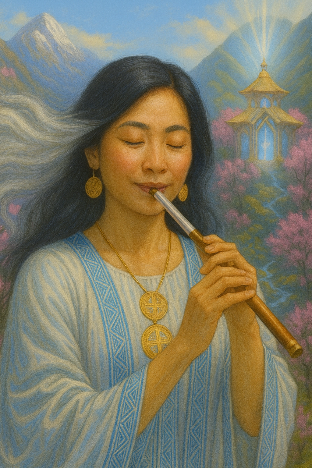 A woman with long black hair and gold jewelry plays a flute with her eyes closed, against a vibrant background of mountains, pink trees, and a glowing temple.