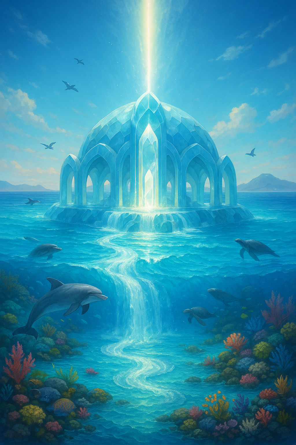 A fantastical scene of an icy, glowing palace on water, with dolphins swimming beneath and colorful coral in the ocean.