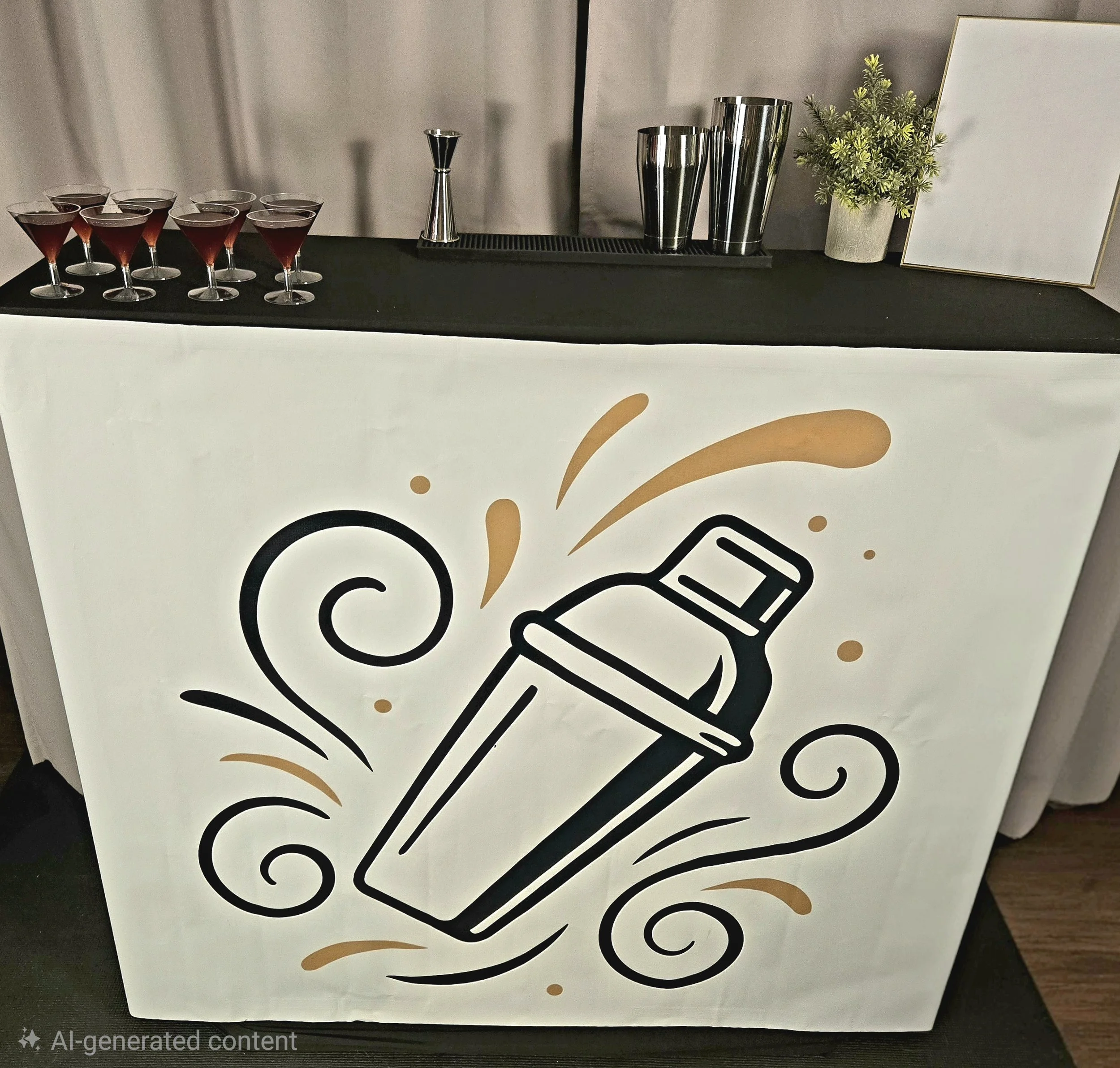 A beverage station with a graphic of a cocktail shaker on a white illuminated panel. The station has several martini glasses filled with red drinks, metal cocktail shakers, a small jigger, and a potted plant on top.