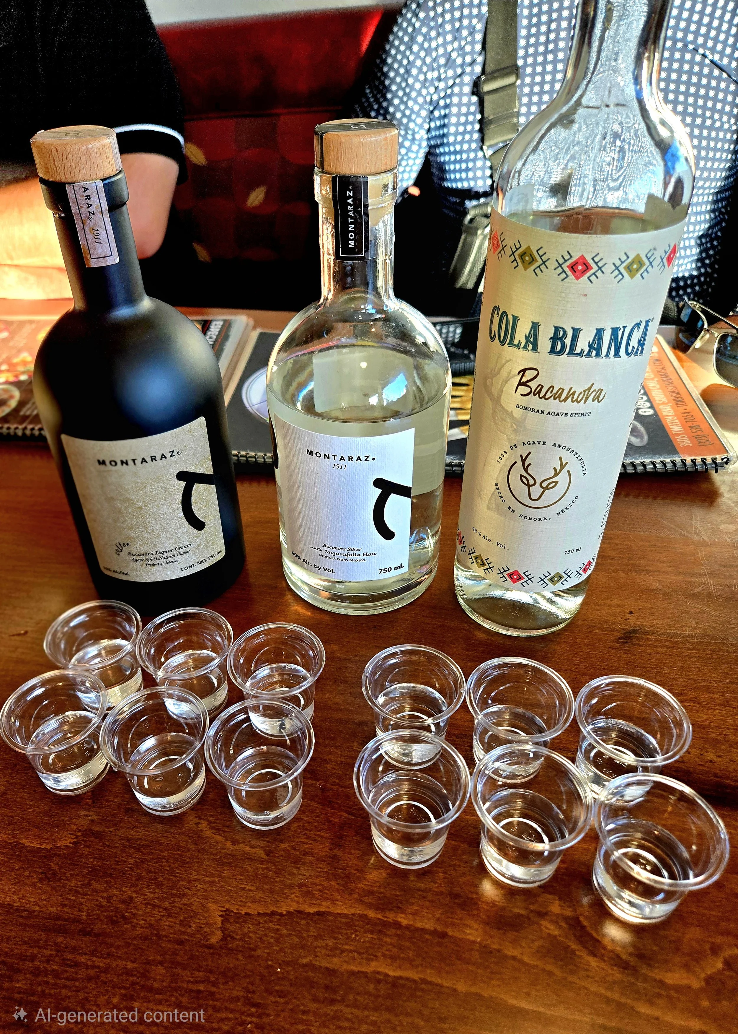 Three bottles of alcohol and fifteen small plastic cups on a wooden table, with a person wearing a black shirt and another with a dotted shirt in the background.
