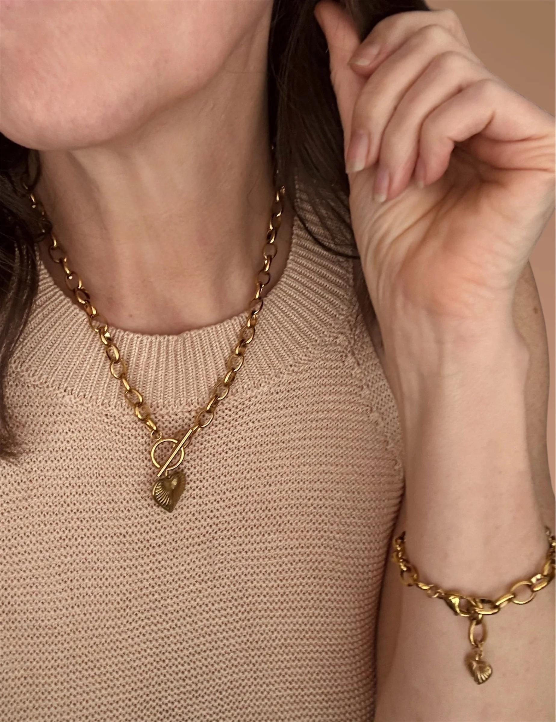 Golden Heart Rolo Chain Statement Necklace