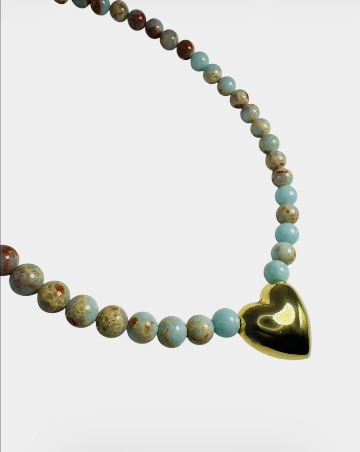 Ocean Blue Jasper & Puffy Gold Heart Necklace