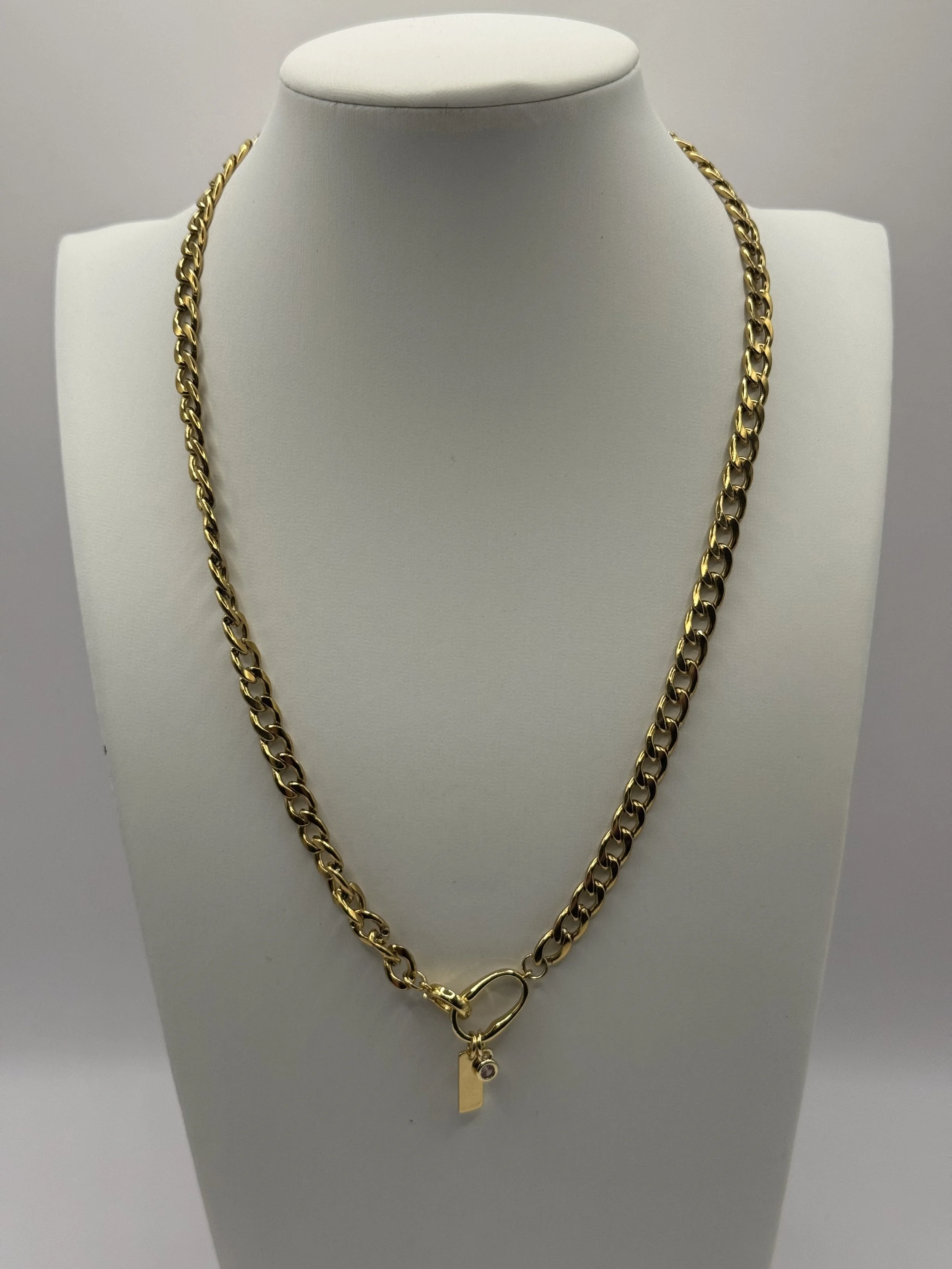 18k Gold-Plated Curb Chain Necklace with  Gemstone Charm