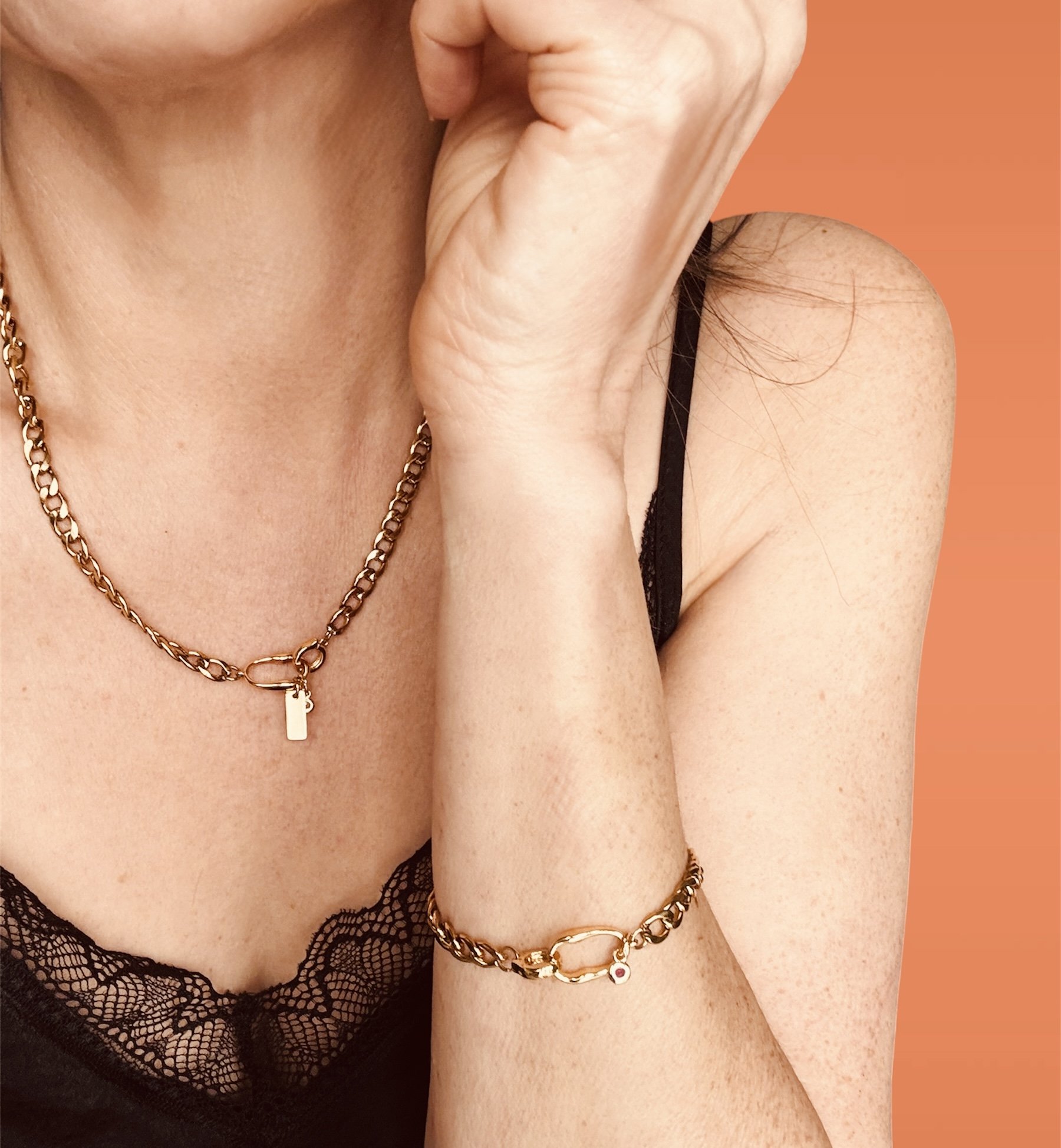 18k Gold Plated Curb Bracelet with Gemstone Charm